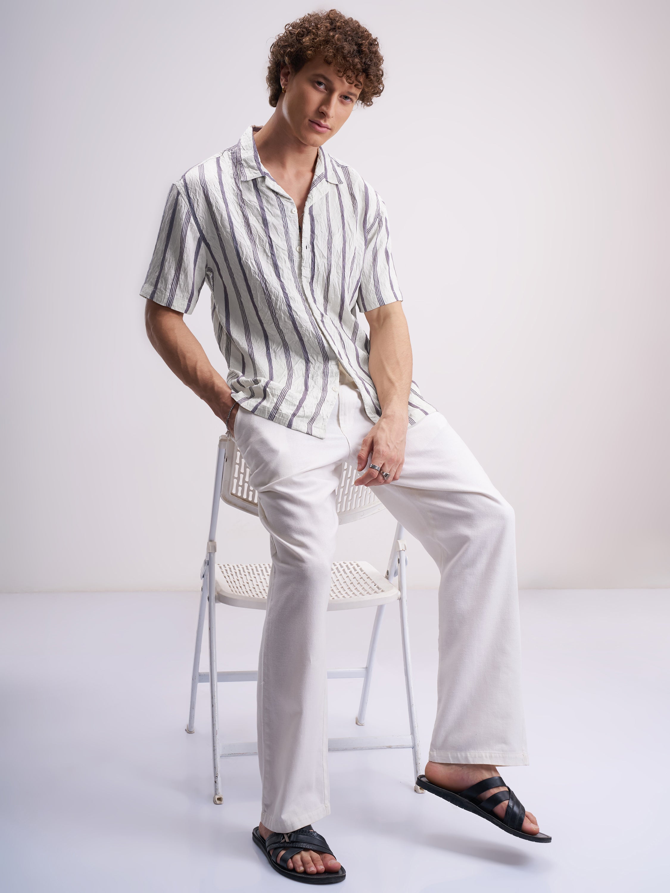 Highlander Men Cream Striped Relaxed Fit Casual Shirt - Cream - Image 2