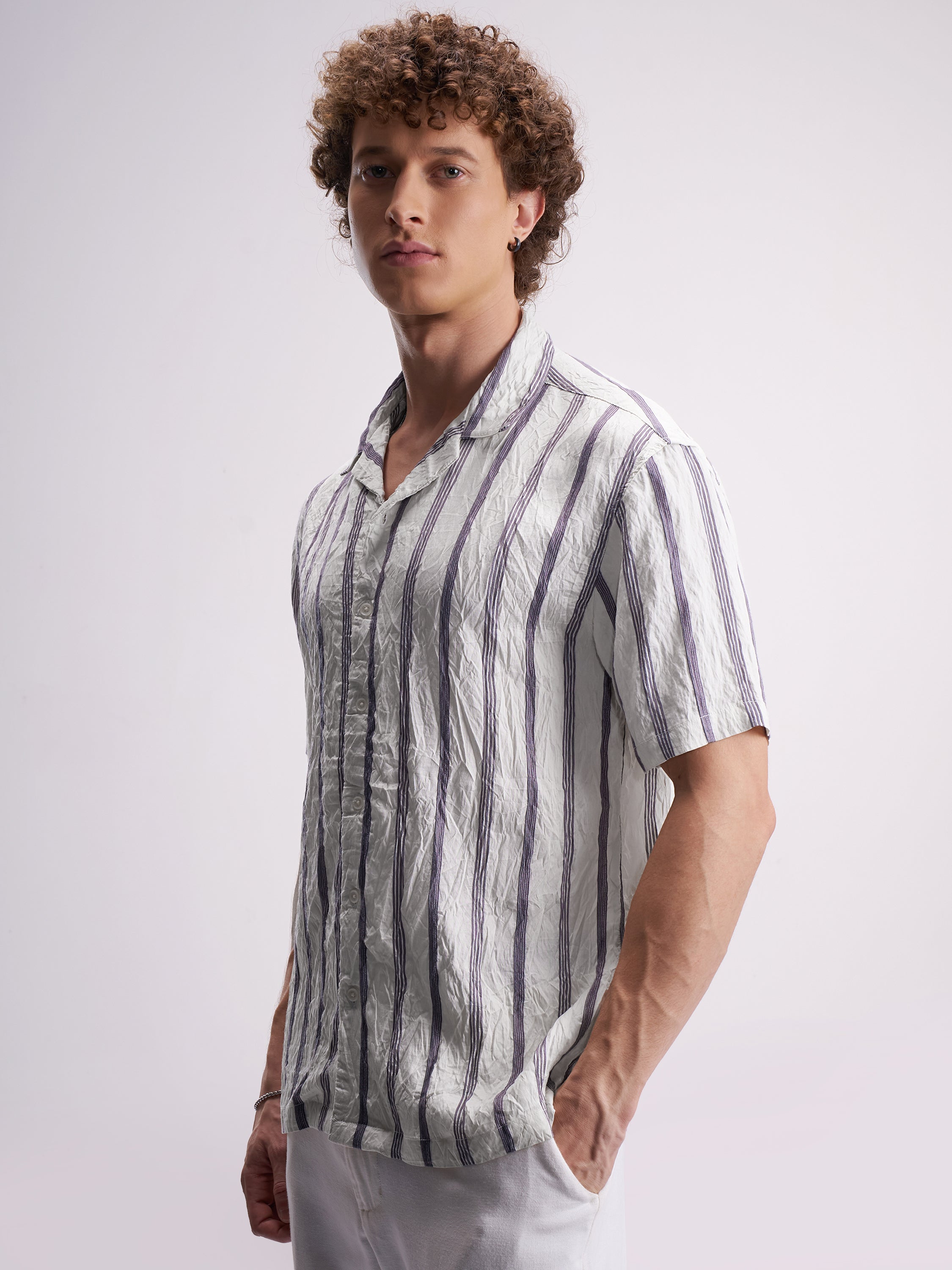 Highlander Men Cream Striped Relaxed Fit Casual Shirt - Cream - Image 4