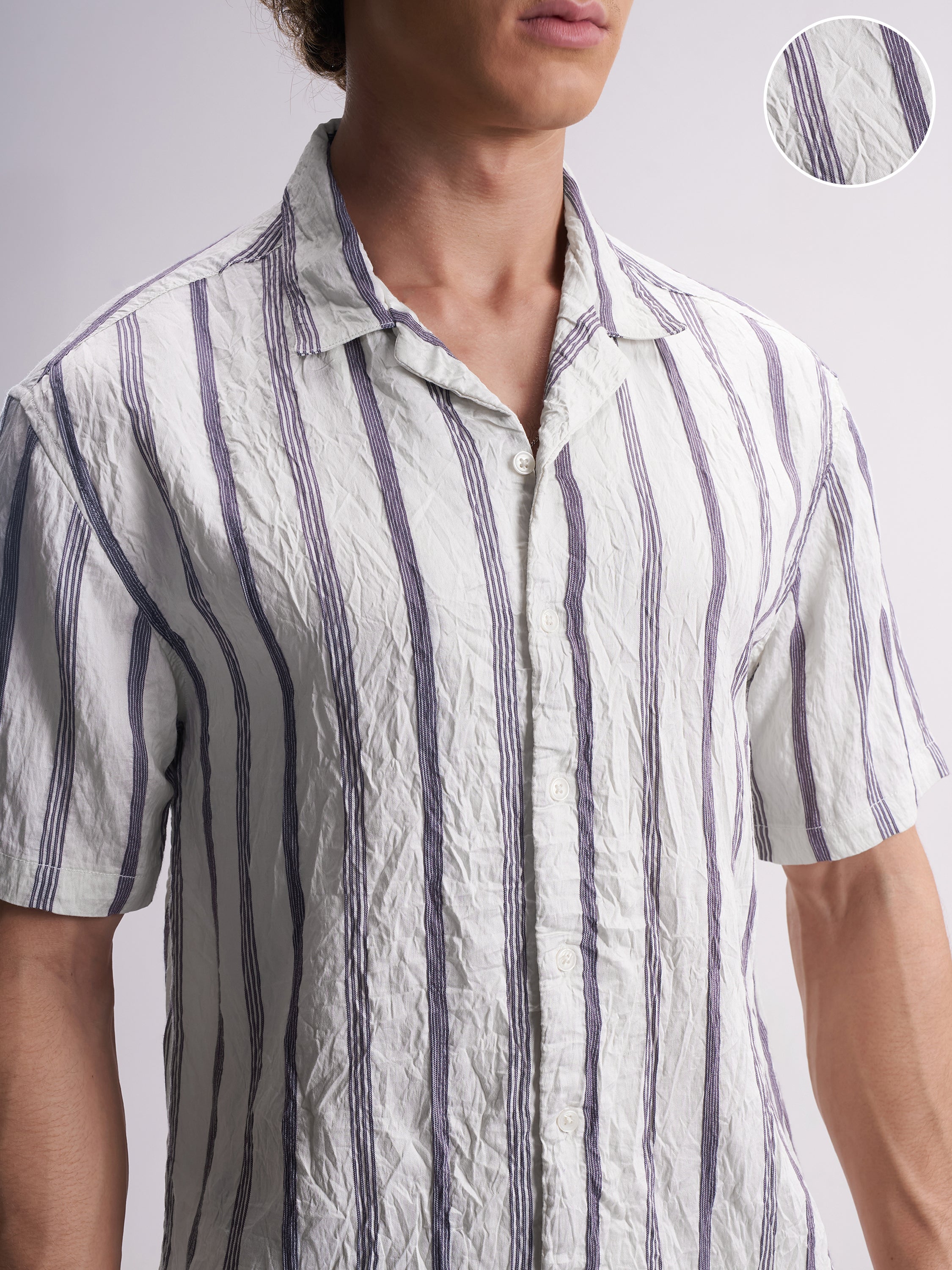 Highlander Men Cream Striped Relaxed Fit Casual Shirt - Cream - Image 5