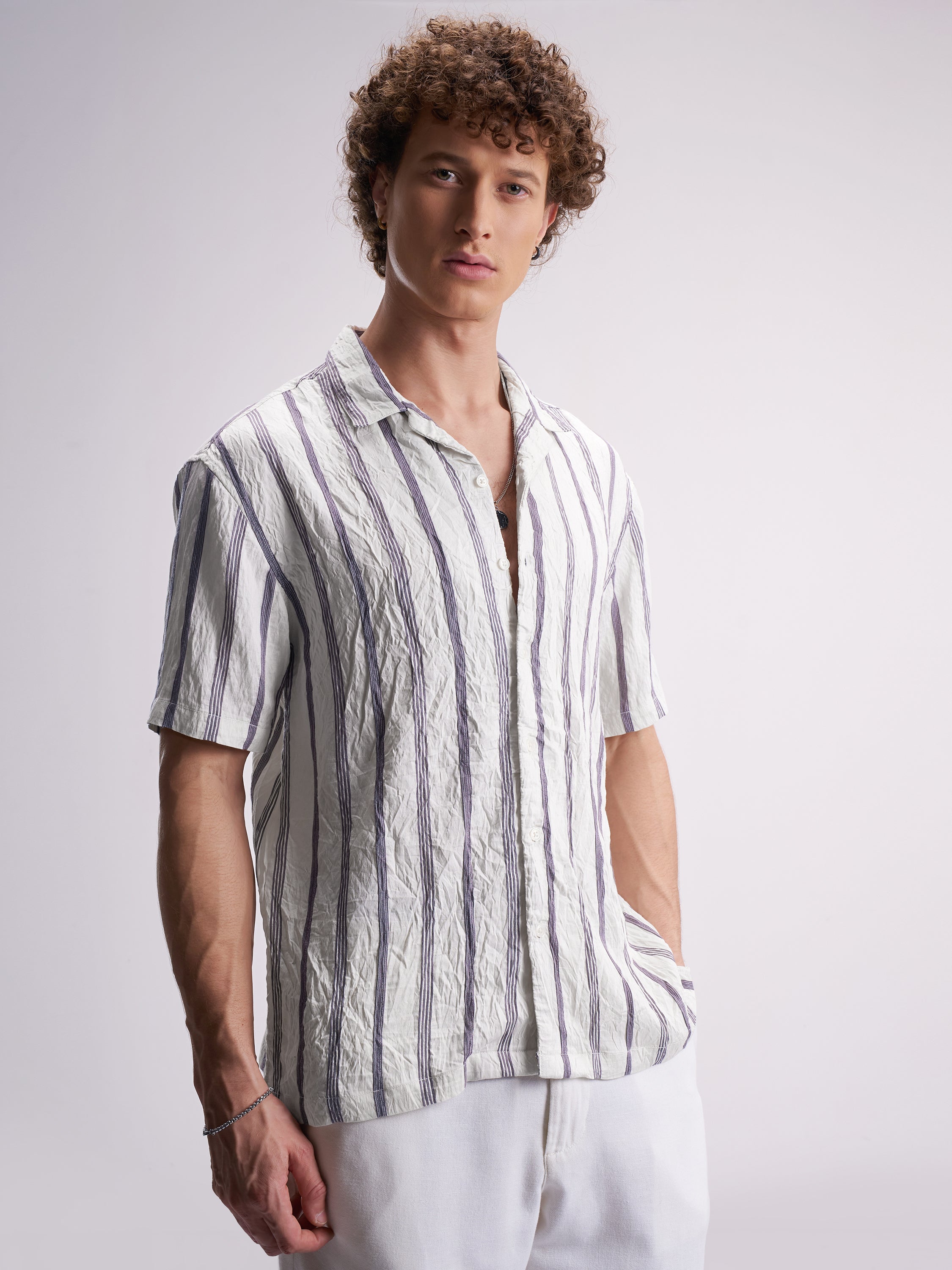 Highlander Men Cream Striped Relaxed Fit Casual Shirt - Cream - Image 6