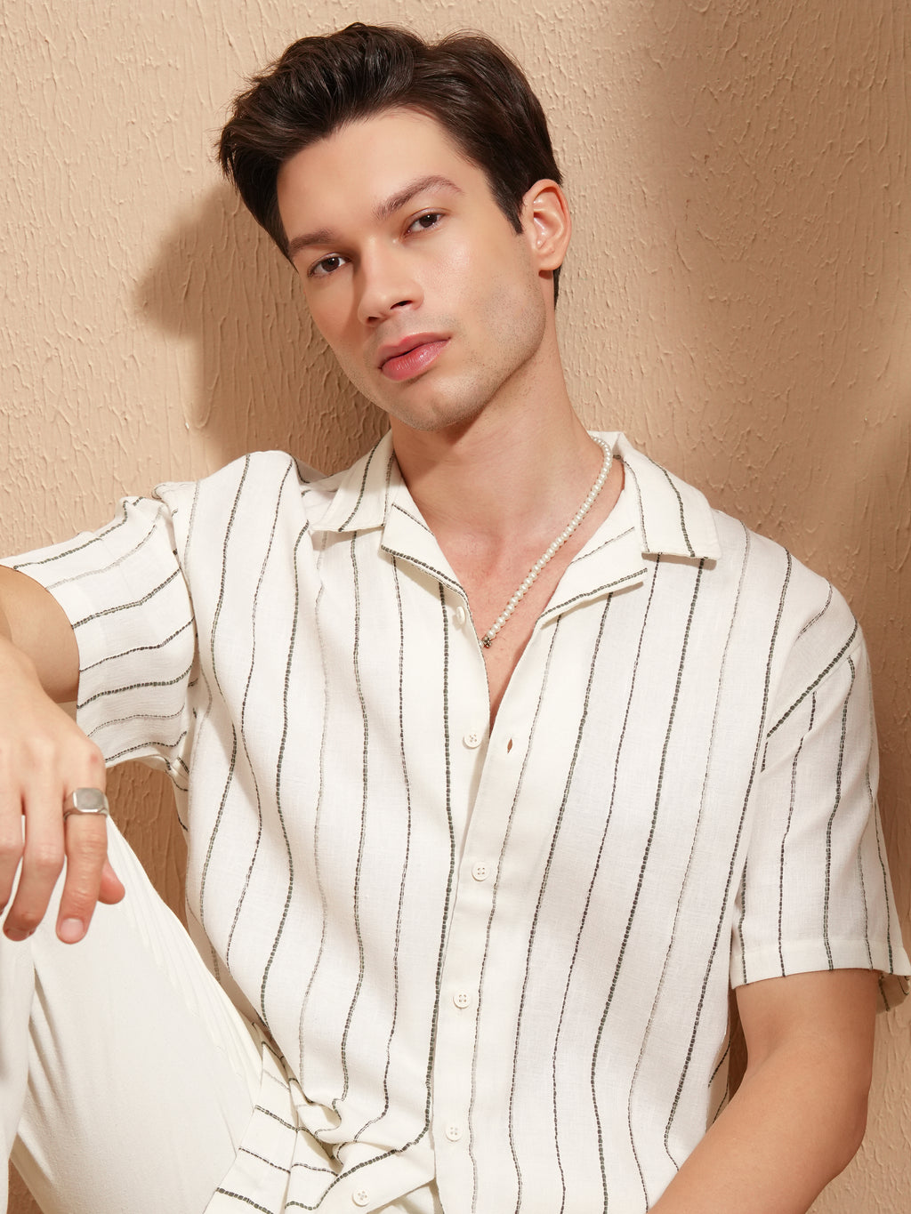 Highlander Men Cream Striped Relaxed Fit Casual Shirt - Cream - Image 1