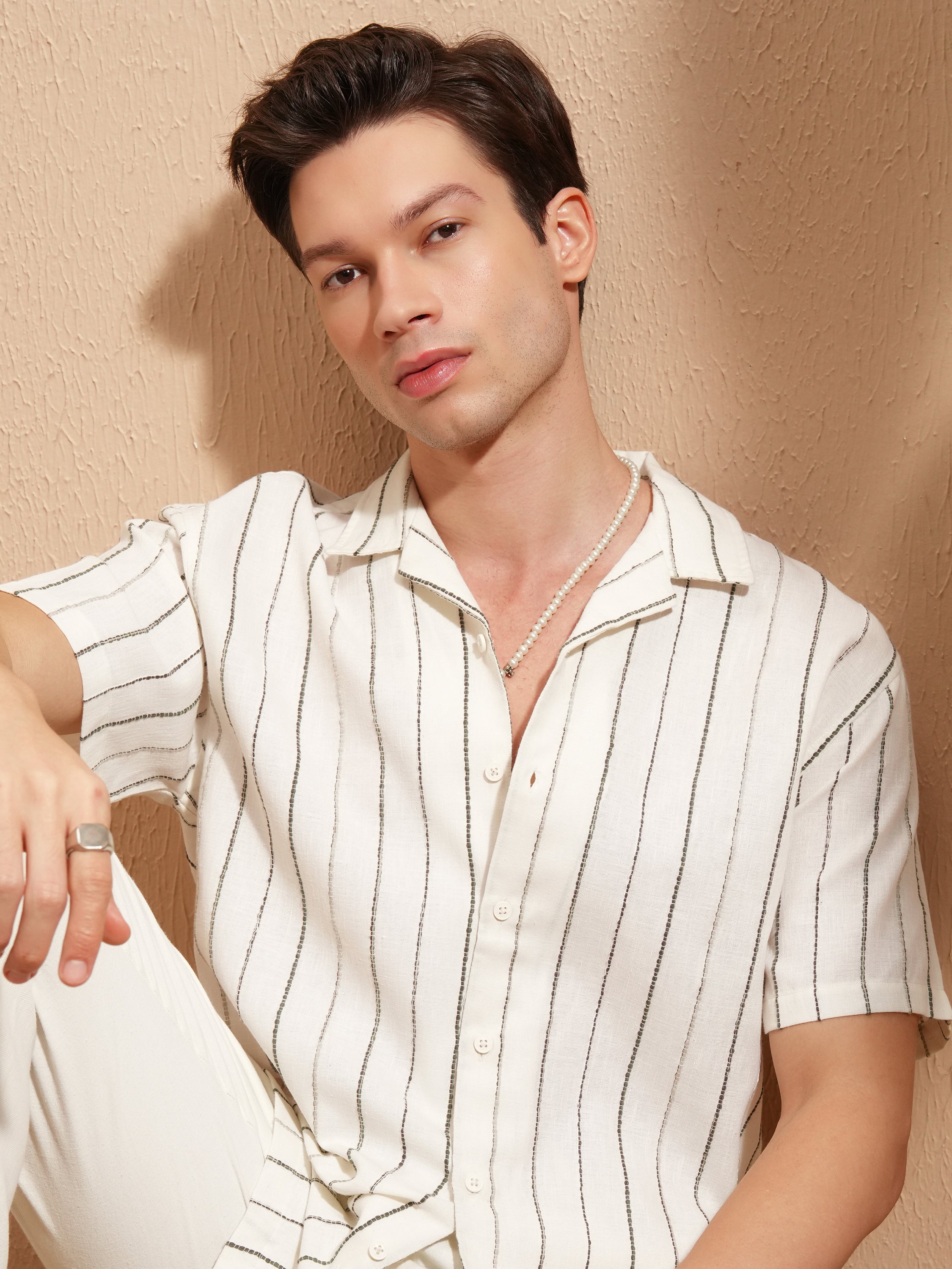 Highlander Men Cream Striped Relaxed Fit Casual Shirt - Cream - Image 1