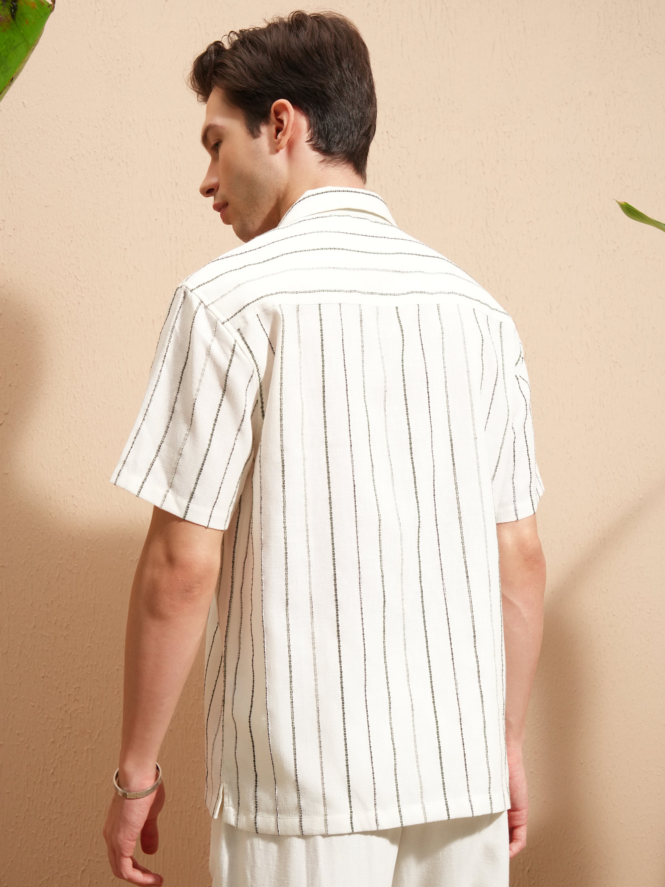 Highlander Men Cream Striped Relaxed Fit Casual Shirt - Cream - Image 3