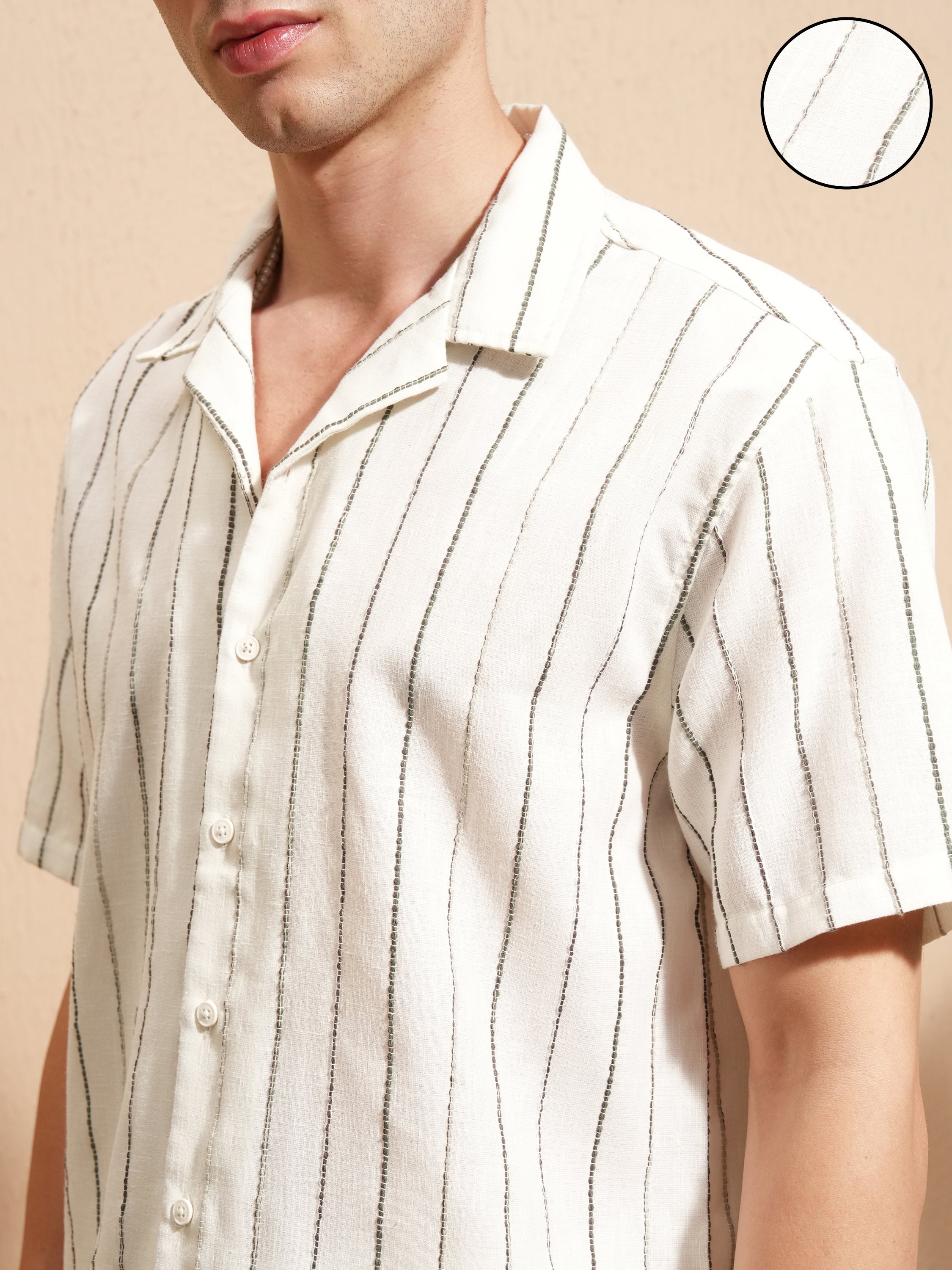 Highlander Men Cream Striped Relaxed Fit Casual Shirt - Cream - Image 5
