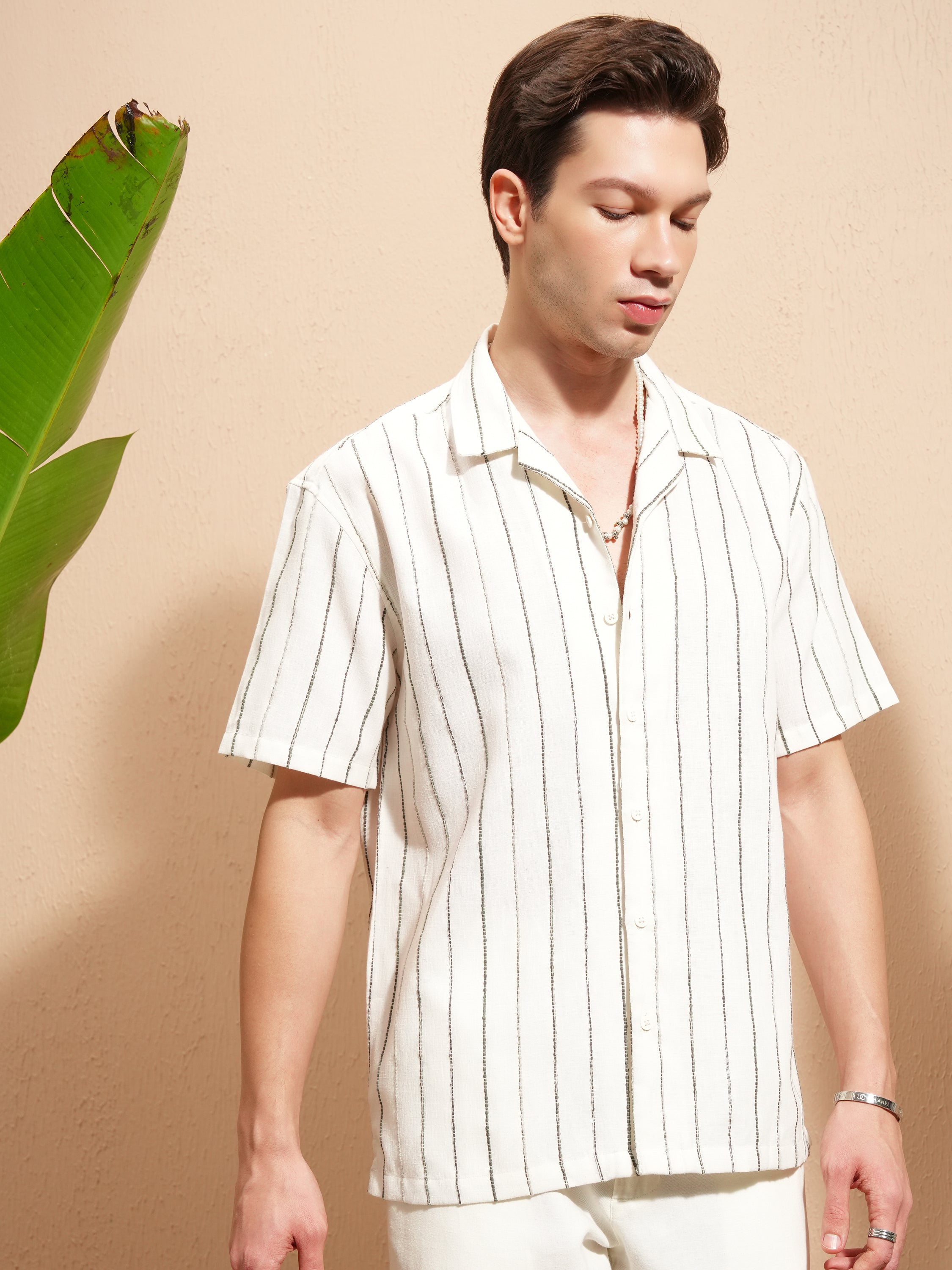 Highlander Men Cream Striped Relaxed Fit Casual Shirt - Cream - Image 6