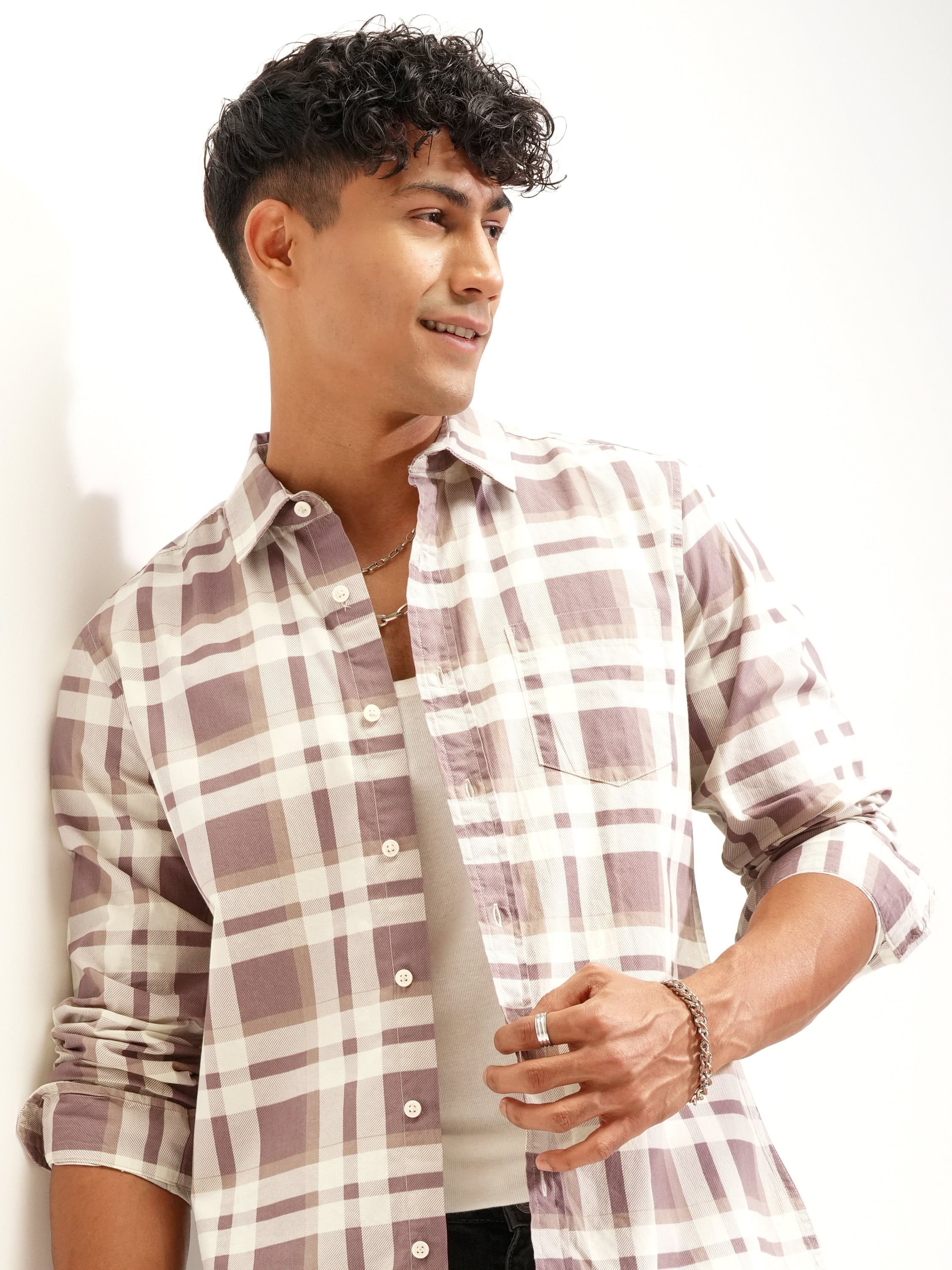 Highlander Men Brown Checked Slim Fit Casual Shirt - Brown - Image 1