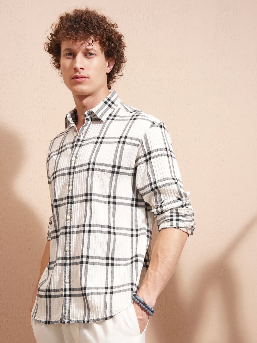 Highlander Men Cream Checked Relaxed Fit Casual Shirt - Cream - Image 4
