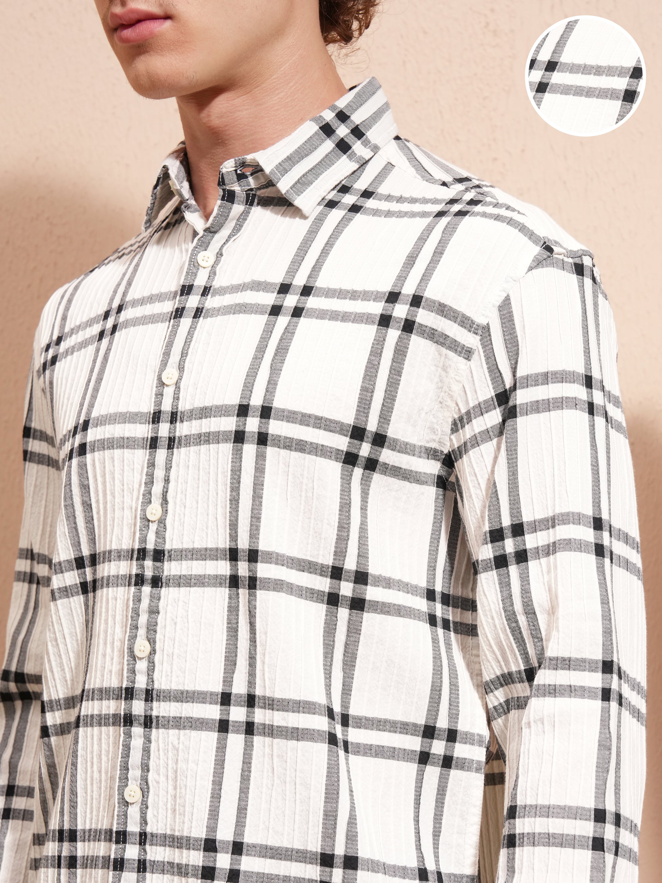 Highlander Men Cream Checked Relaxed Fit Casual Shirt - Cream - Image 5