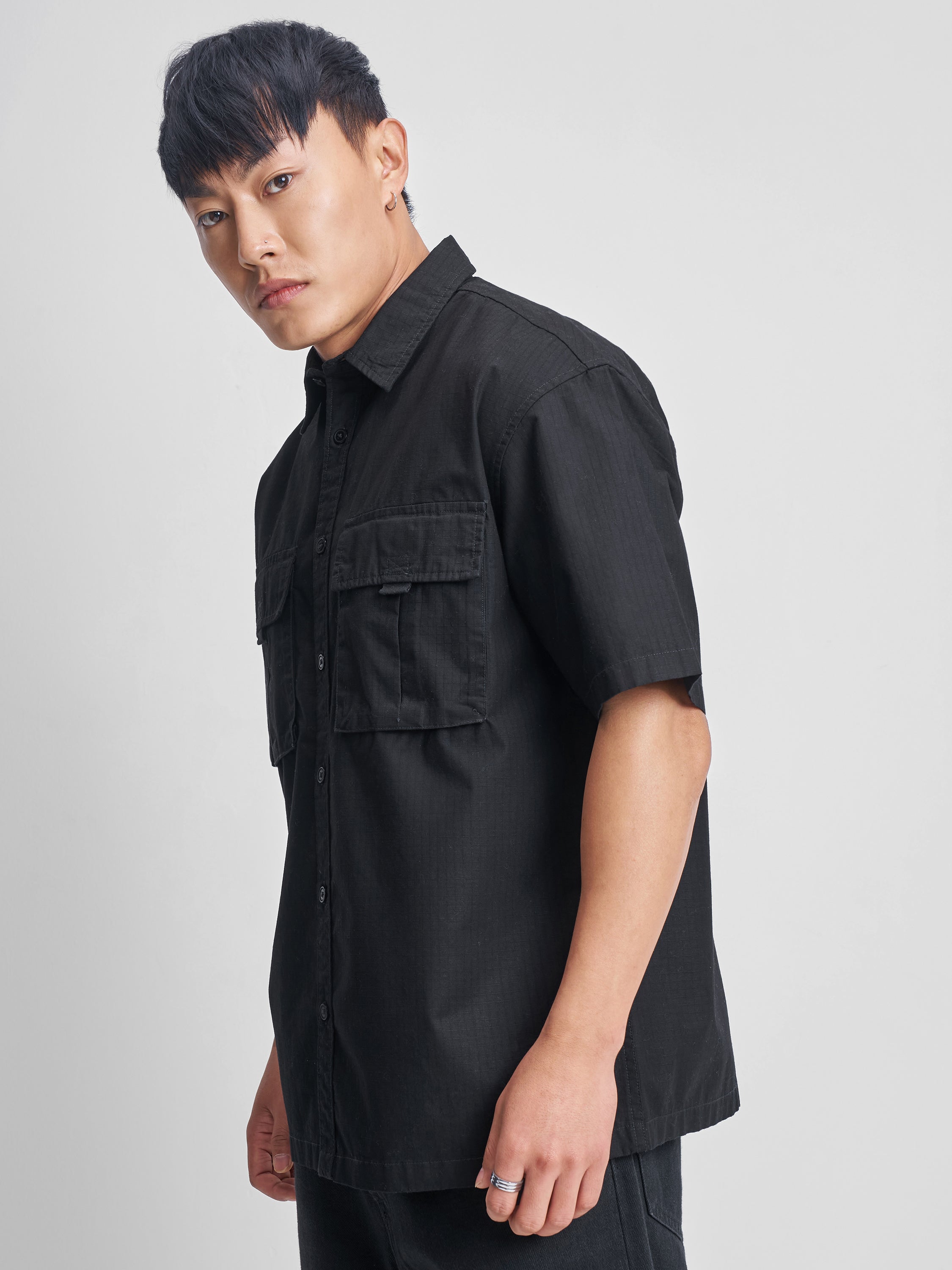 Highlander Men Black Self Design Oversized Fit Casual Shirt - Black - Image 4