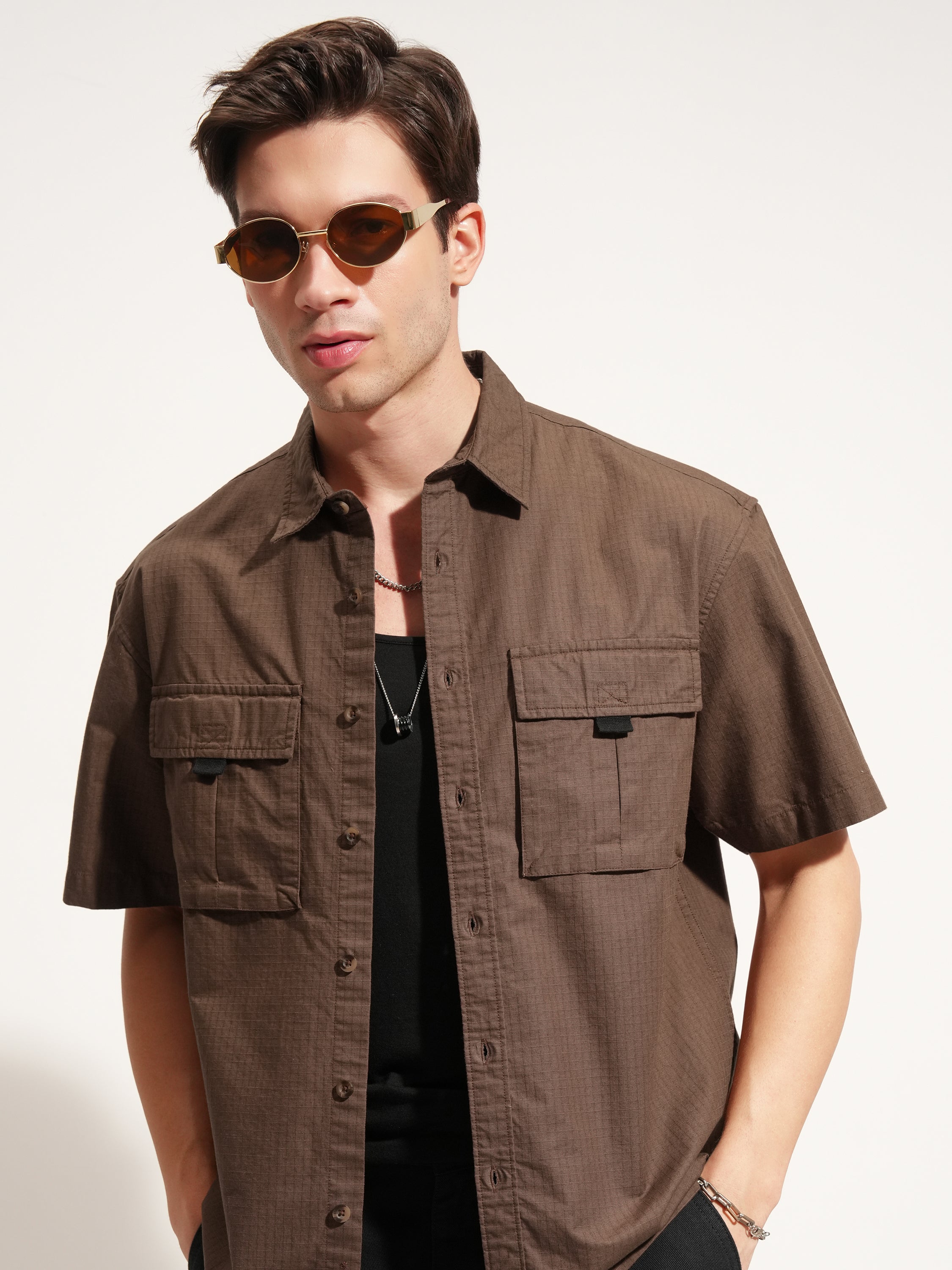 Highlander Men Brown Self Design Oversized Fit Casual Shirt - Brown - Image 1