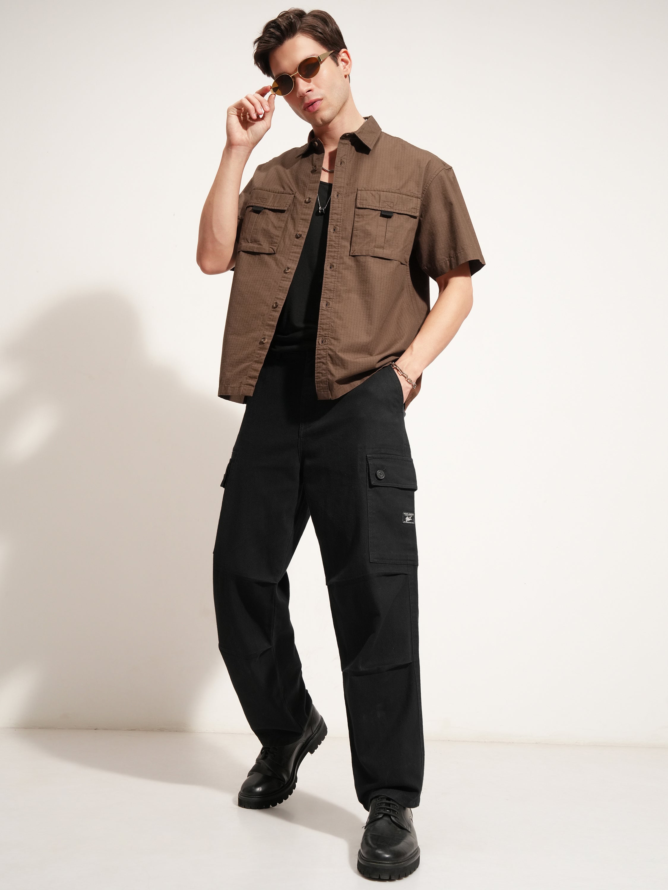 Highlander Men Brown Self Design Oversized Fit Casual Shirt - Brown - Image 2
