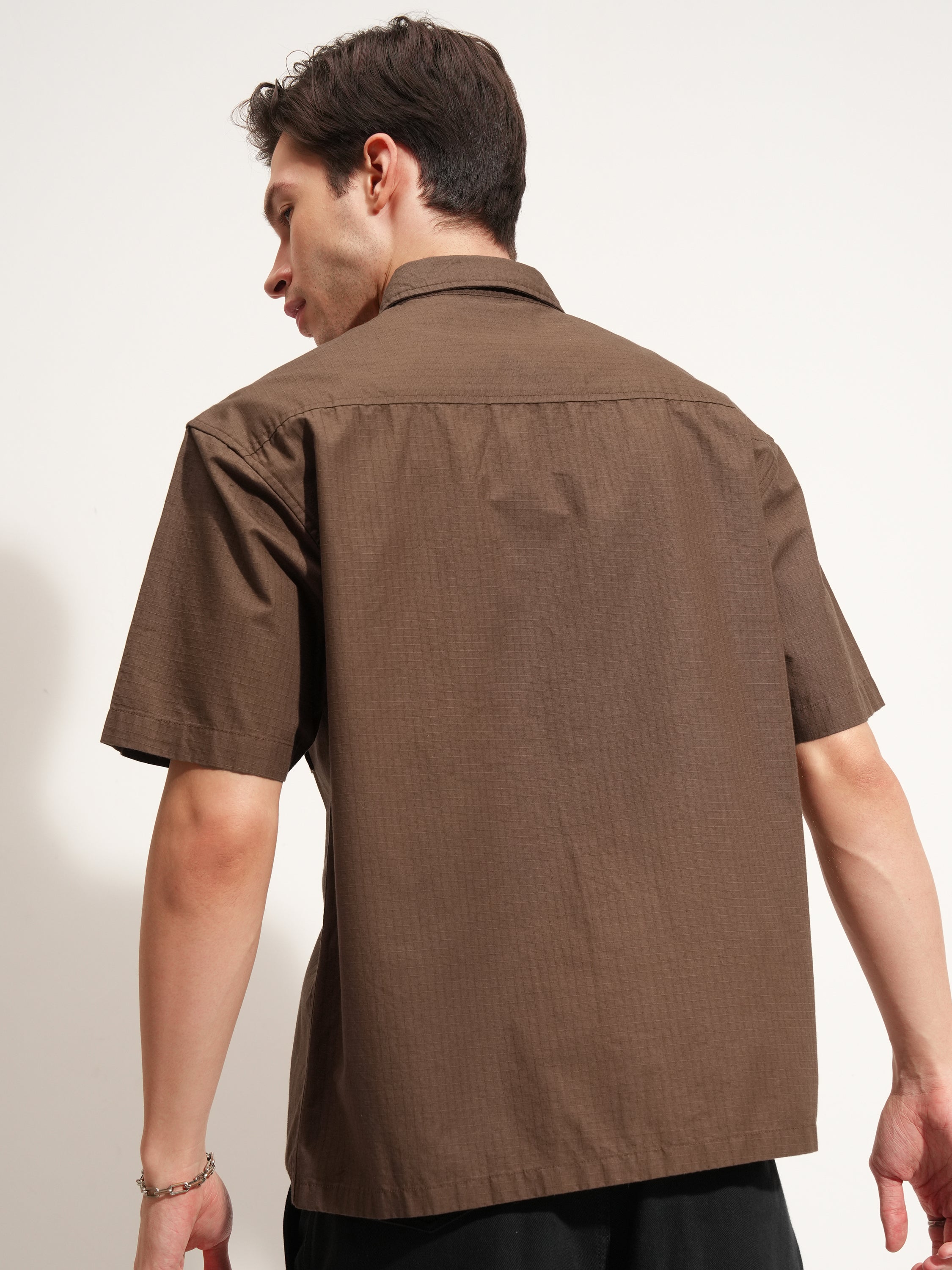 Highlander Men Brown Self Design Oversized Fit Casual Shirt - Brown - Image 3