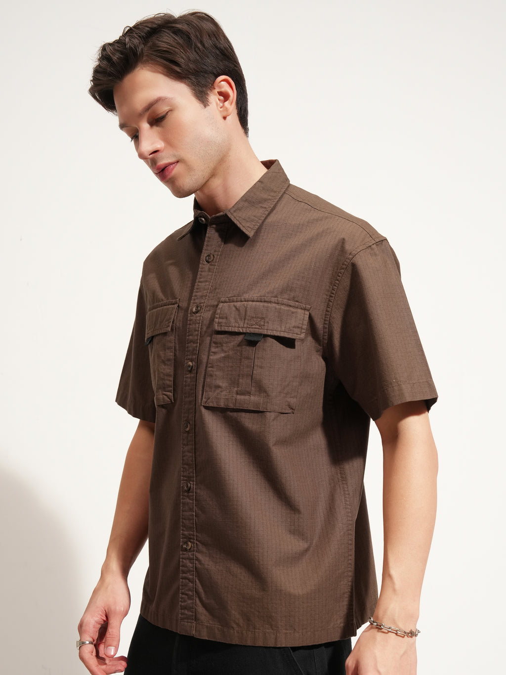 Highlander Men Brown Self Design Oversized Fit Casual Shirt - Brown - Image 4