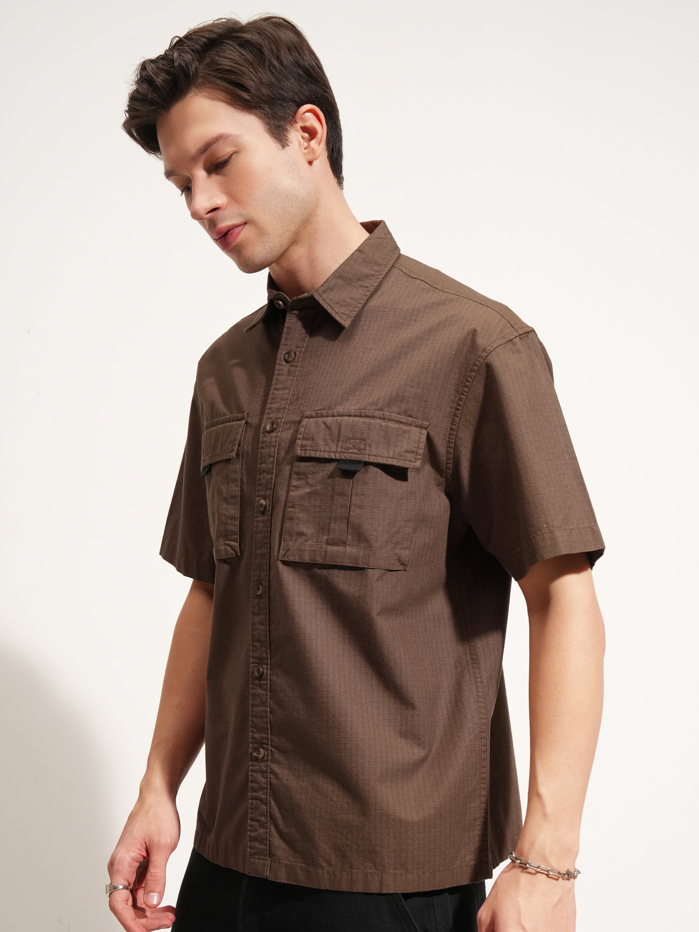 Highlander Men Brown Self Design Oversized Fit Casual Shirt - Brown - Image 4