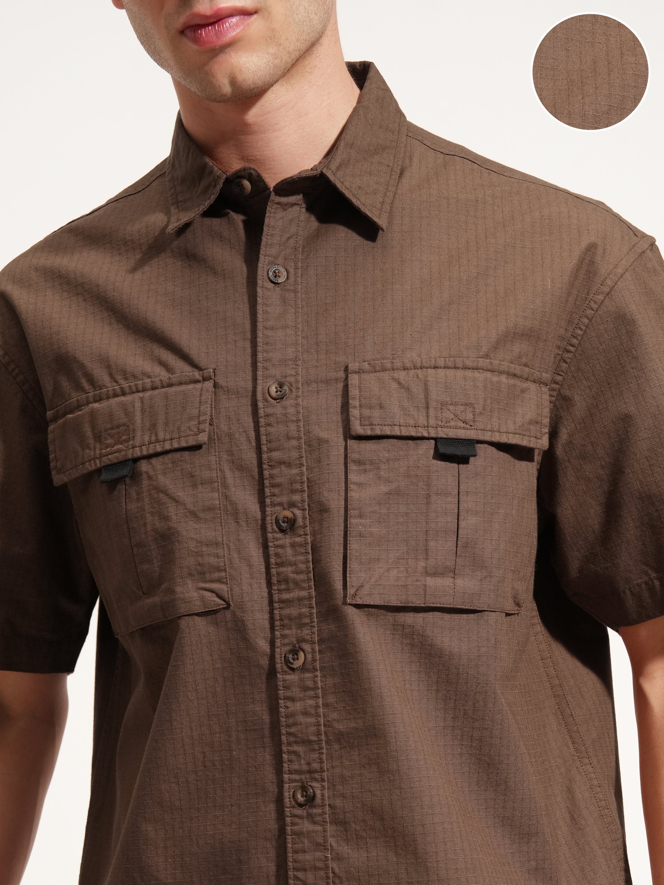 Highlander Men Brown Self Design Oversized Fit Casual Shirt - Brown - Image 5