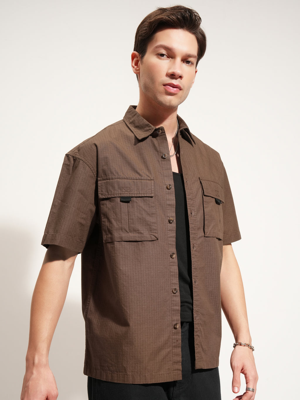 Highlander Men Brown Self Design Oversized Fit Casual Shirt - Brown - Image 6
