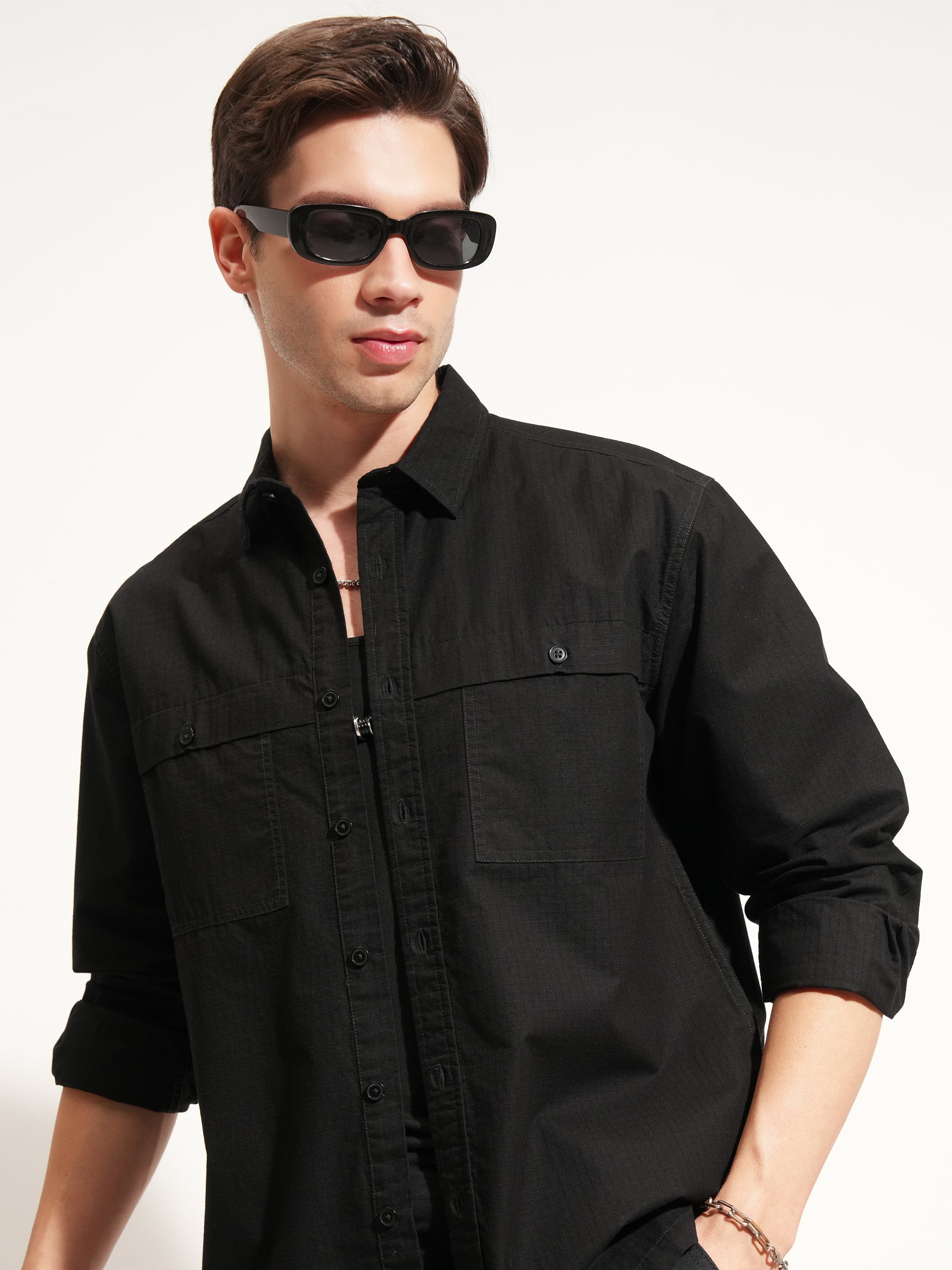 Highlander Men Black Self Design Oversized Fit Casual Shirt - Black - Image 1