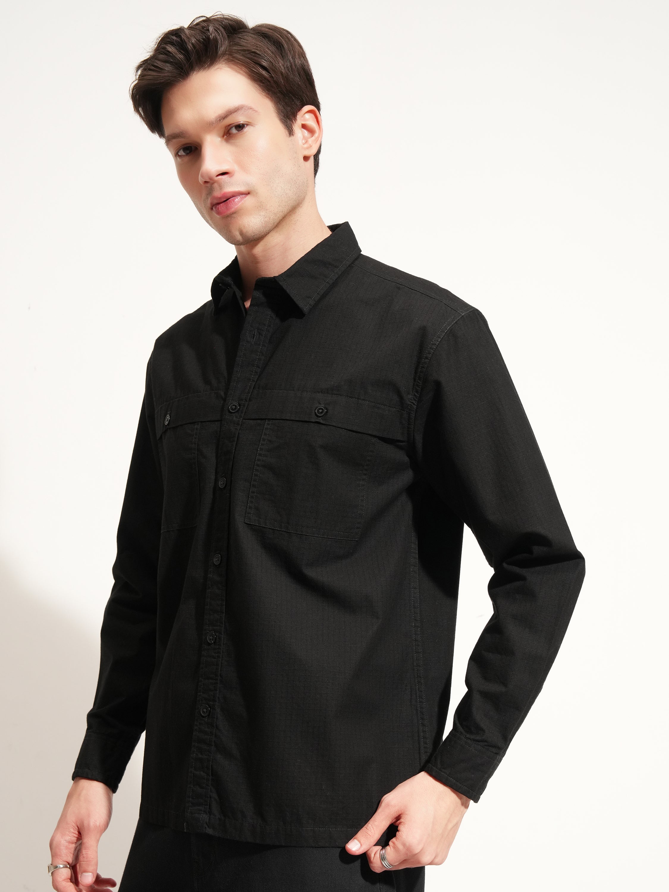 Highlander Men Black Self Design Oversized Fit Casual Shirt - Black - Image 4