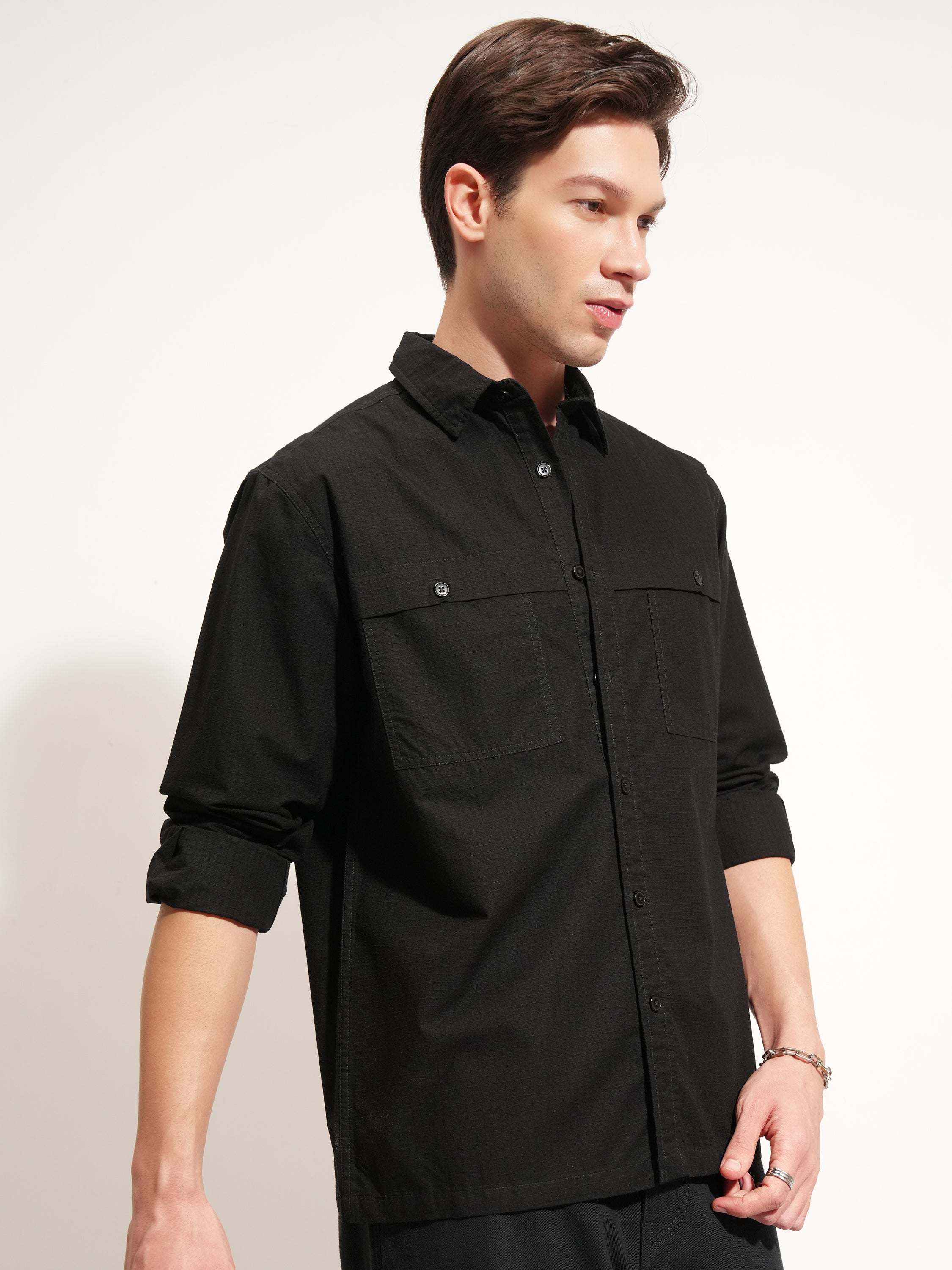 Highlander Men Black Self Design Oversized Fit Casual Shirt - Black - Image 6