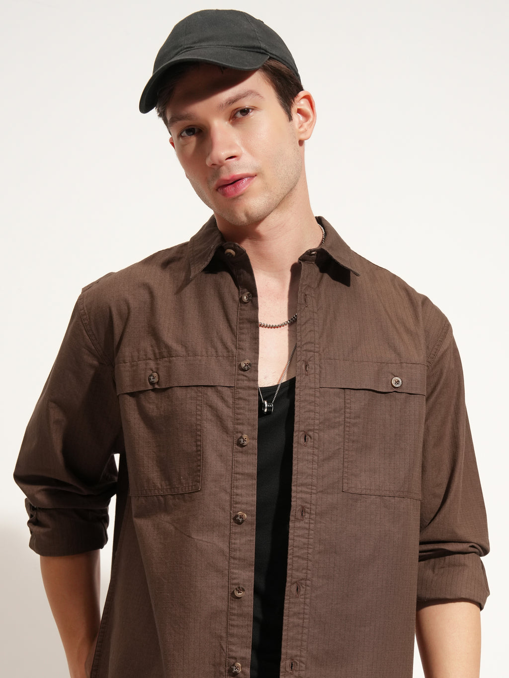 Highlander Men Brown Self Design Oversized Fit Casual Shirt - Brown - Image 1