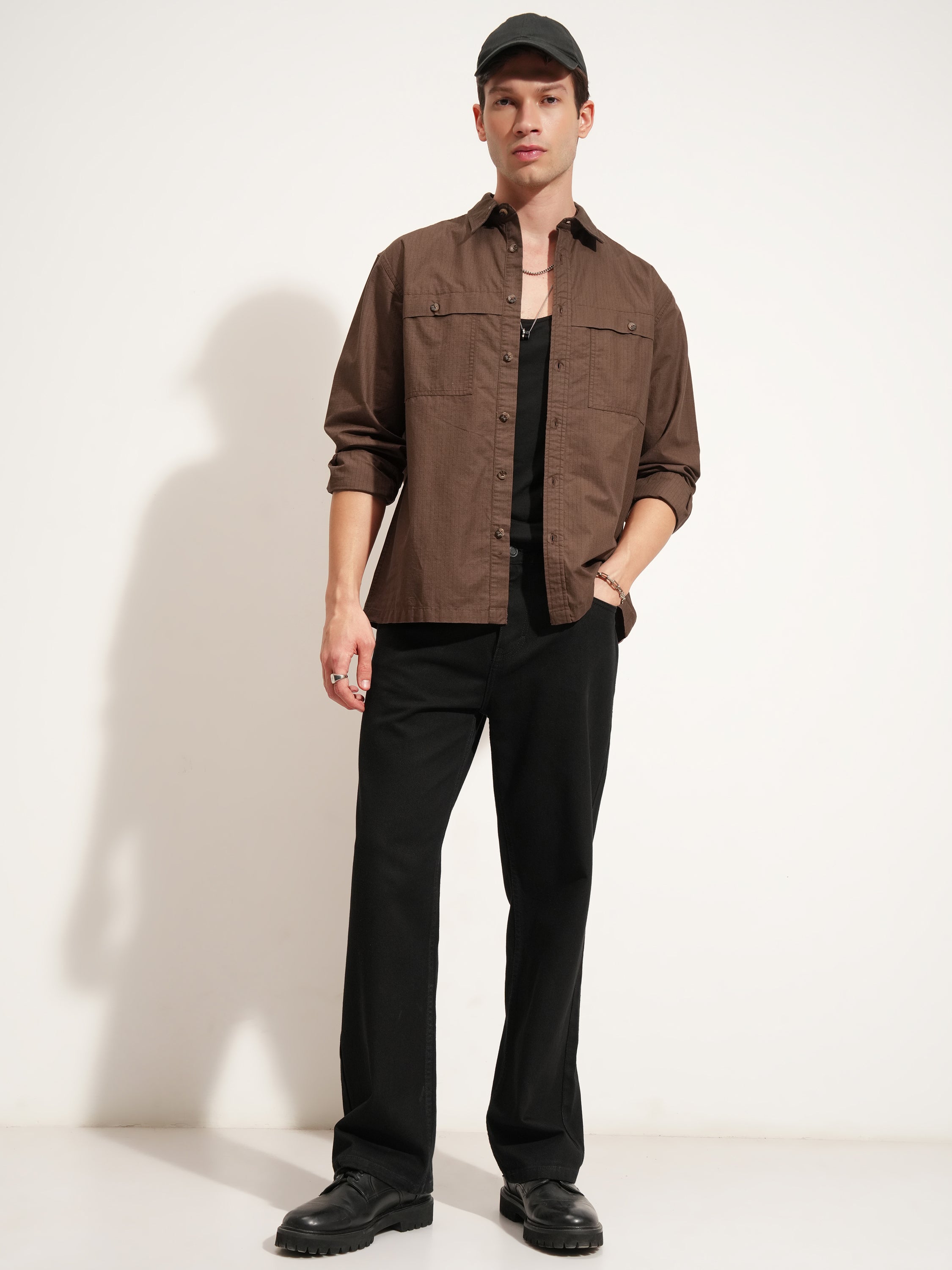 Highlander Men Brown Self Design Oversized Fit Casual Shirt - Brown - Image 2