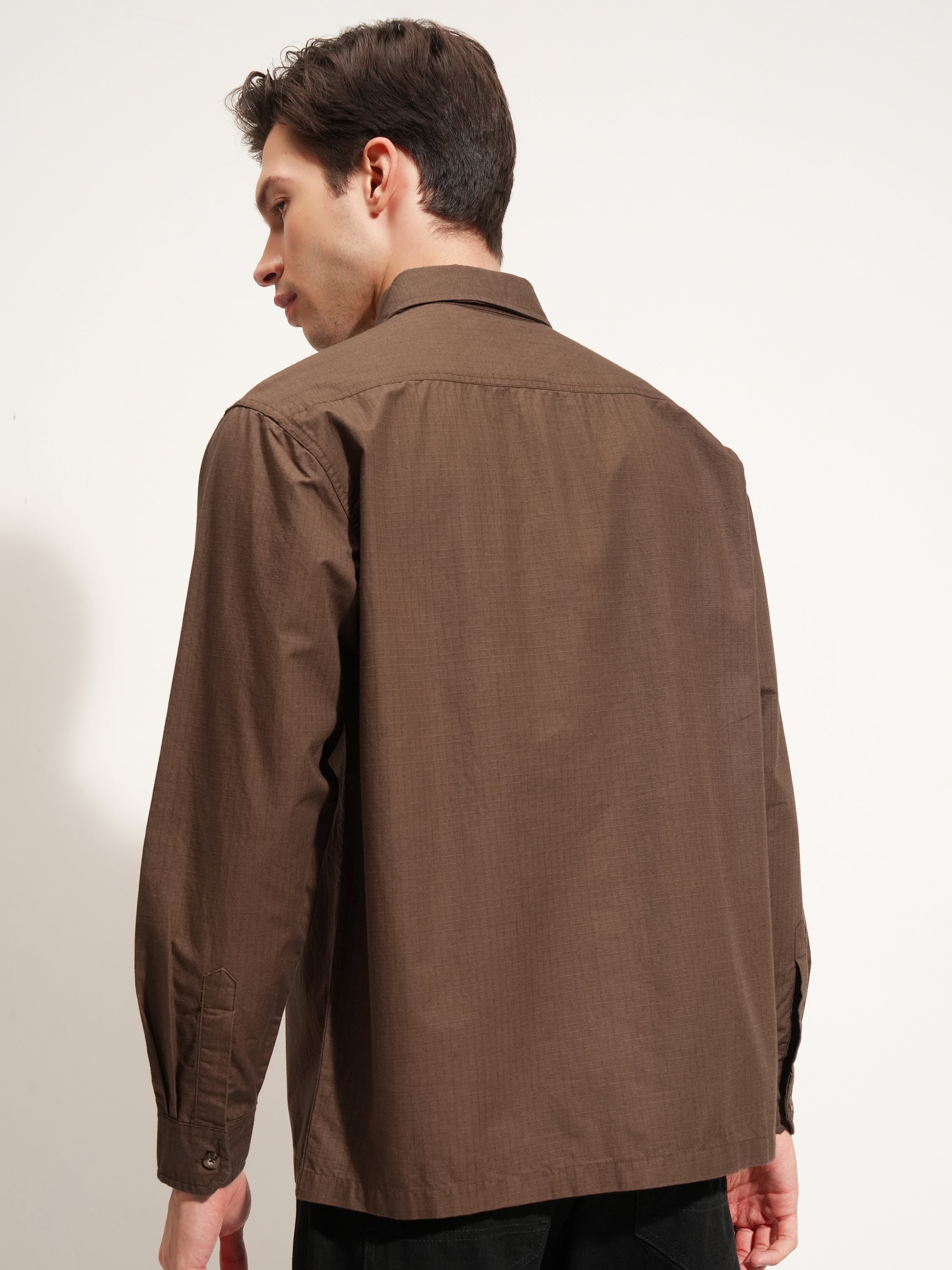 Highlander Men Brown Self Design Oversized Fit Casual Shirt - Brown - Image 3