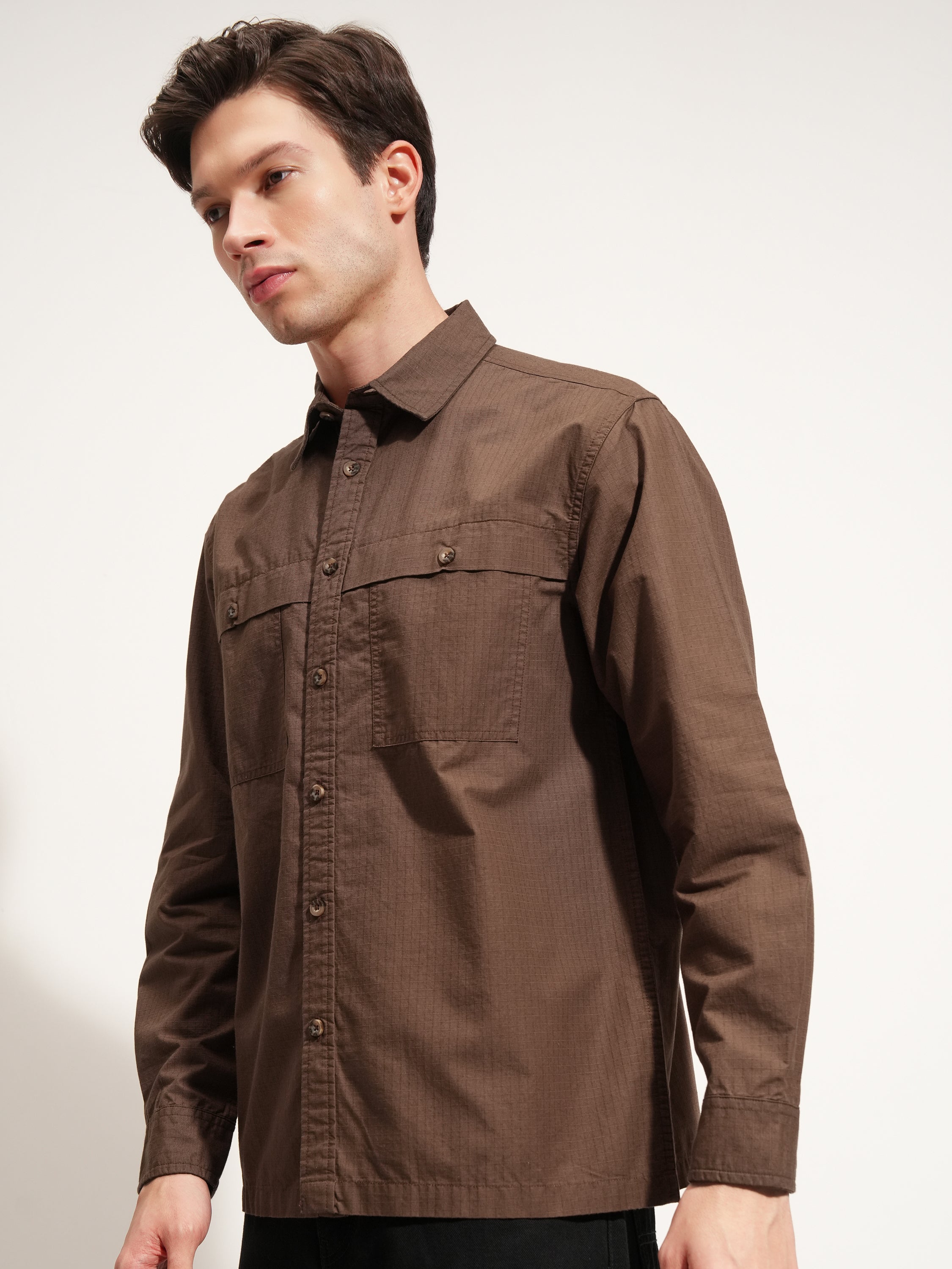Highlander Men Brown Self Design Oversized Fit Casual Shirt - Brown - Image 4