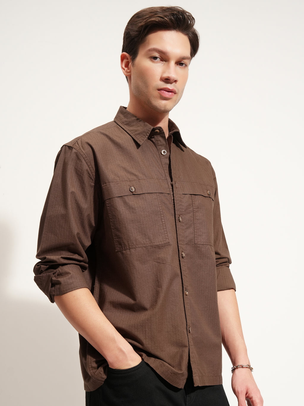 Highlander Men Brown Self Design Oversized Fit Casual Shirt - Brown - Image 6