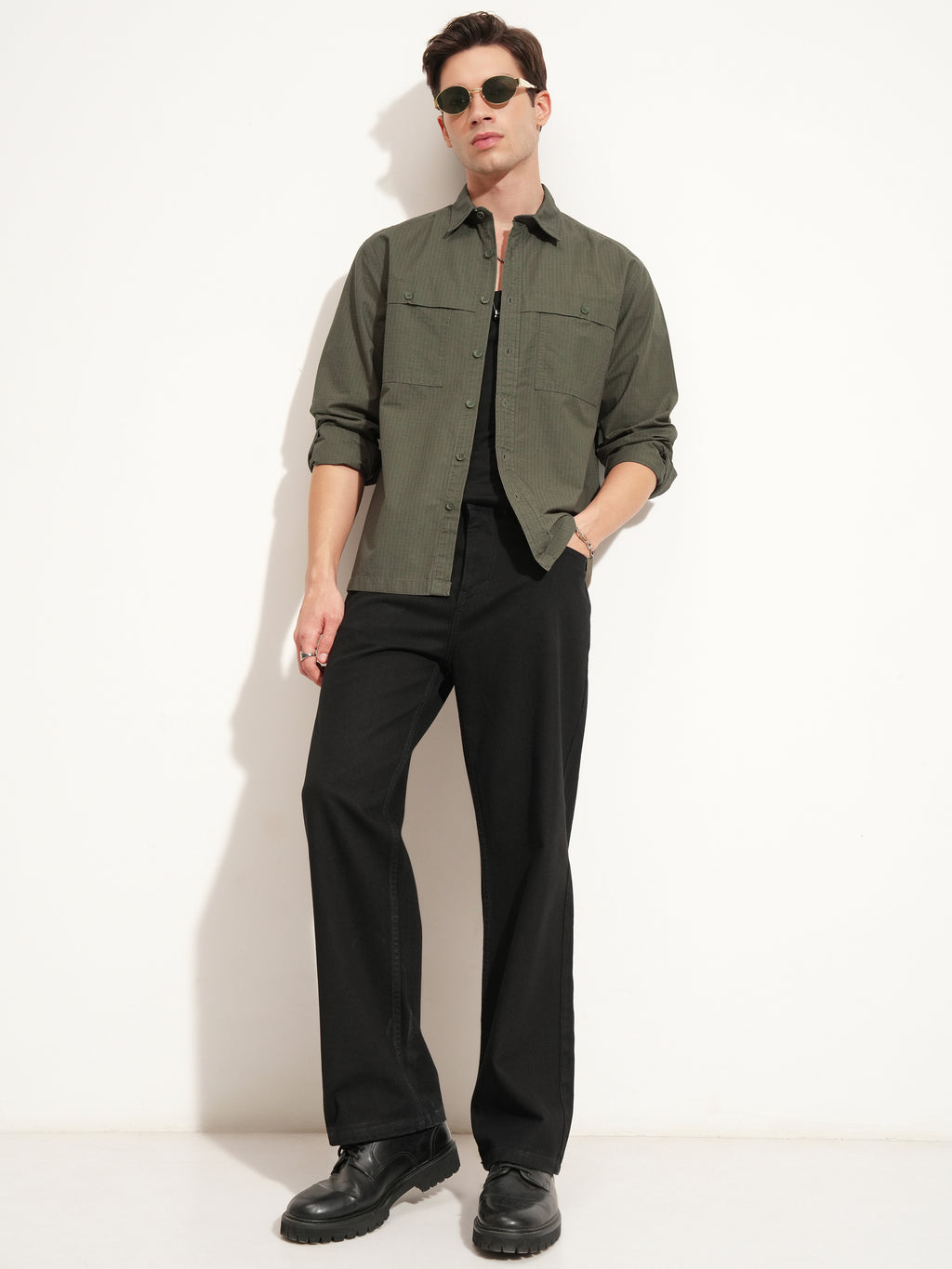 Highlander Men Olive Self Design Oversized Fit Casual Shirt - Olive - Image 2