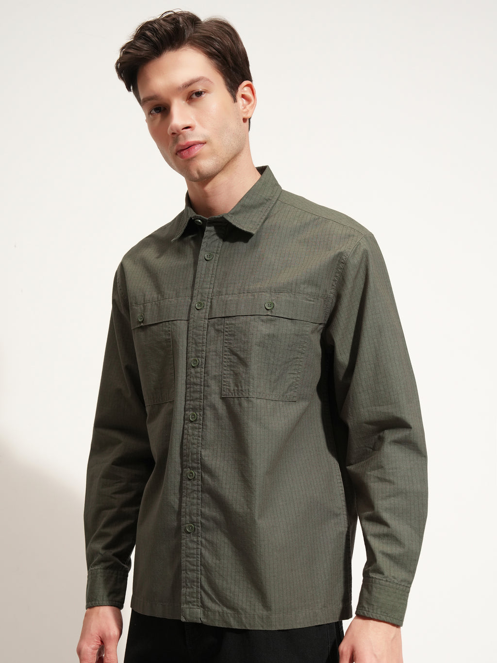 Highlander Men Olive Self Design Oversized Fit Casual Shirt - Olive - Image 4