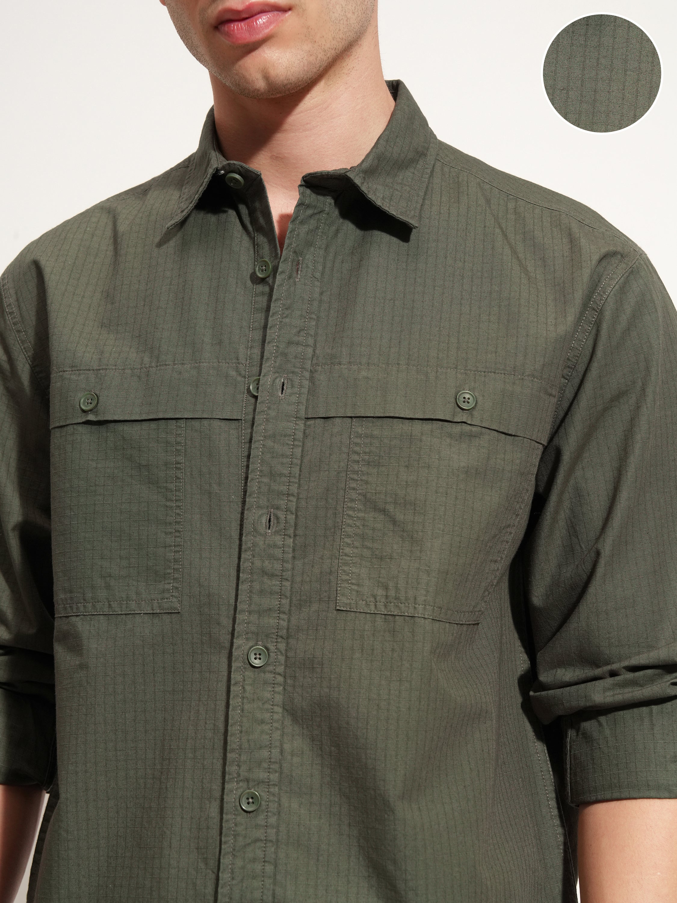 Highlander Men Olive Self Design Oversized Fit Casual Shirt - Olive - Image 5