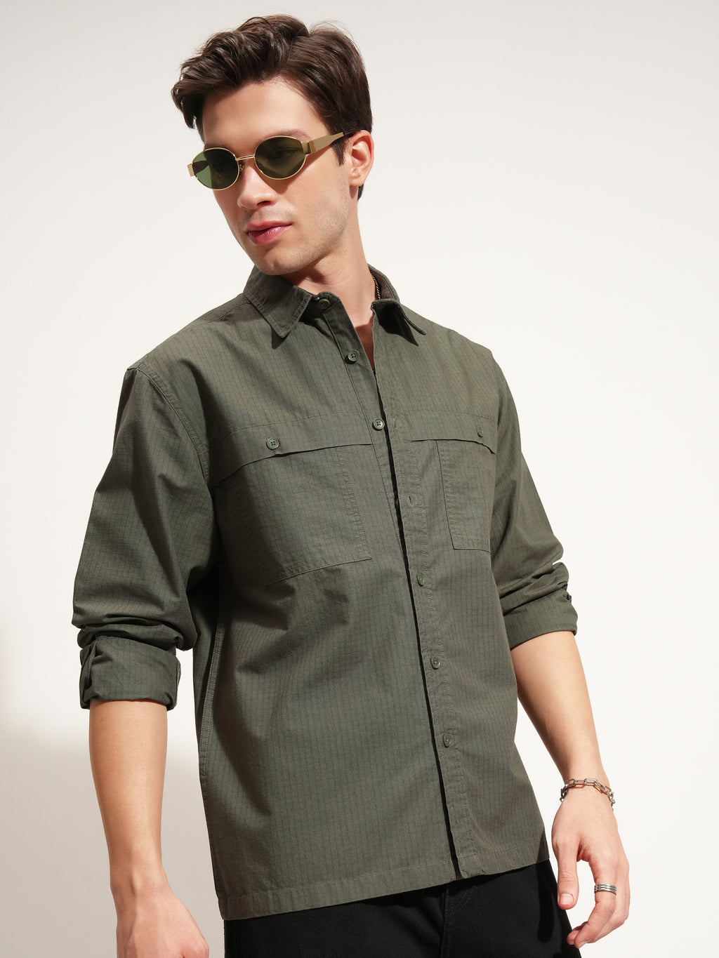 Highlander Men Olive Self Design Oversized Fit Casual Shirt - Olive - Image 6