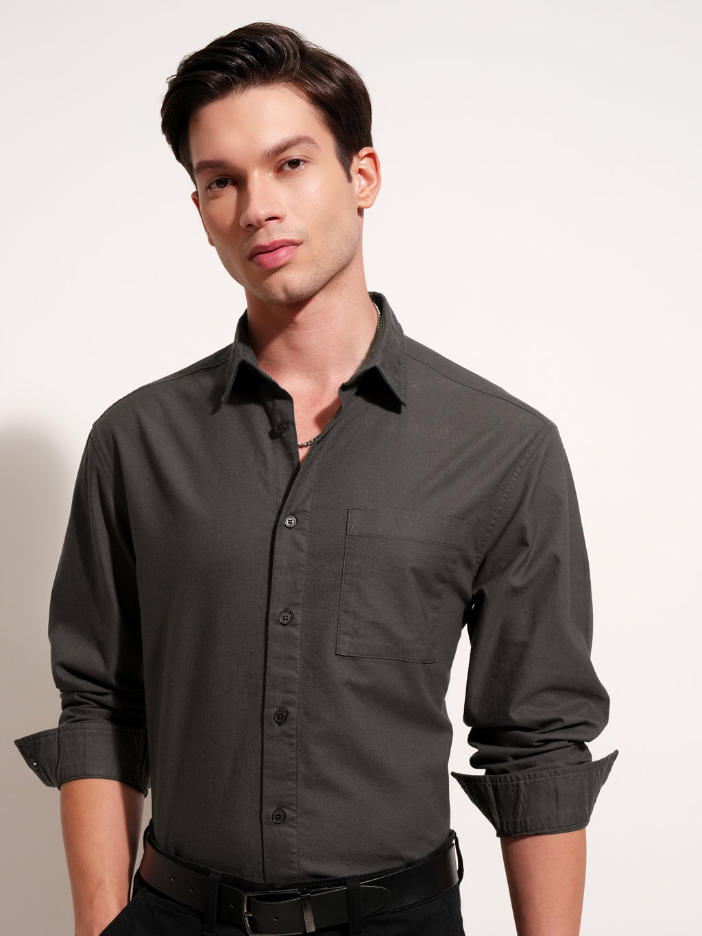 Highlander Men Charcoal Solid Relaxed Fit Casual Shirt - Charcoal - Image 2