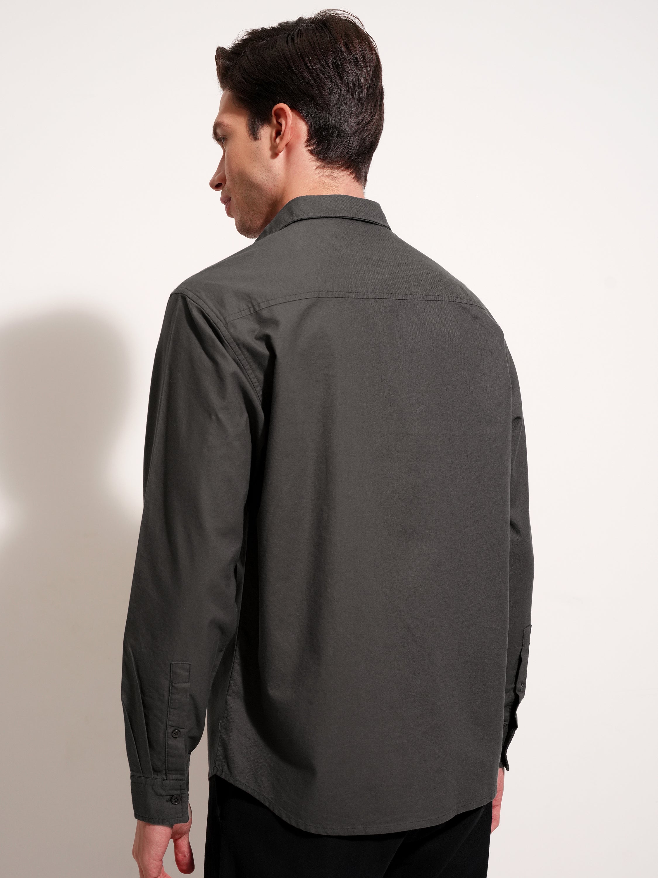 Highlander Men Charcoal Solid Relaxed Fit Casual Shirt - Charcoal - Image 5