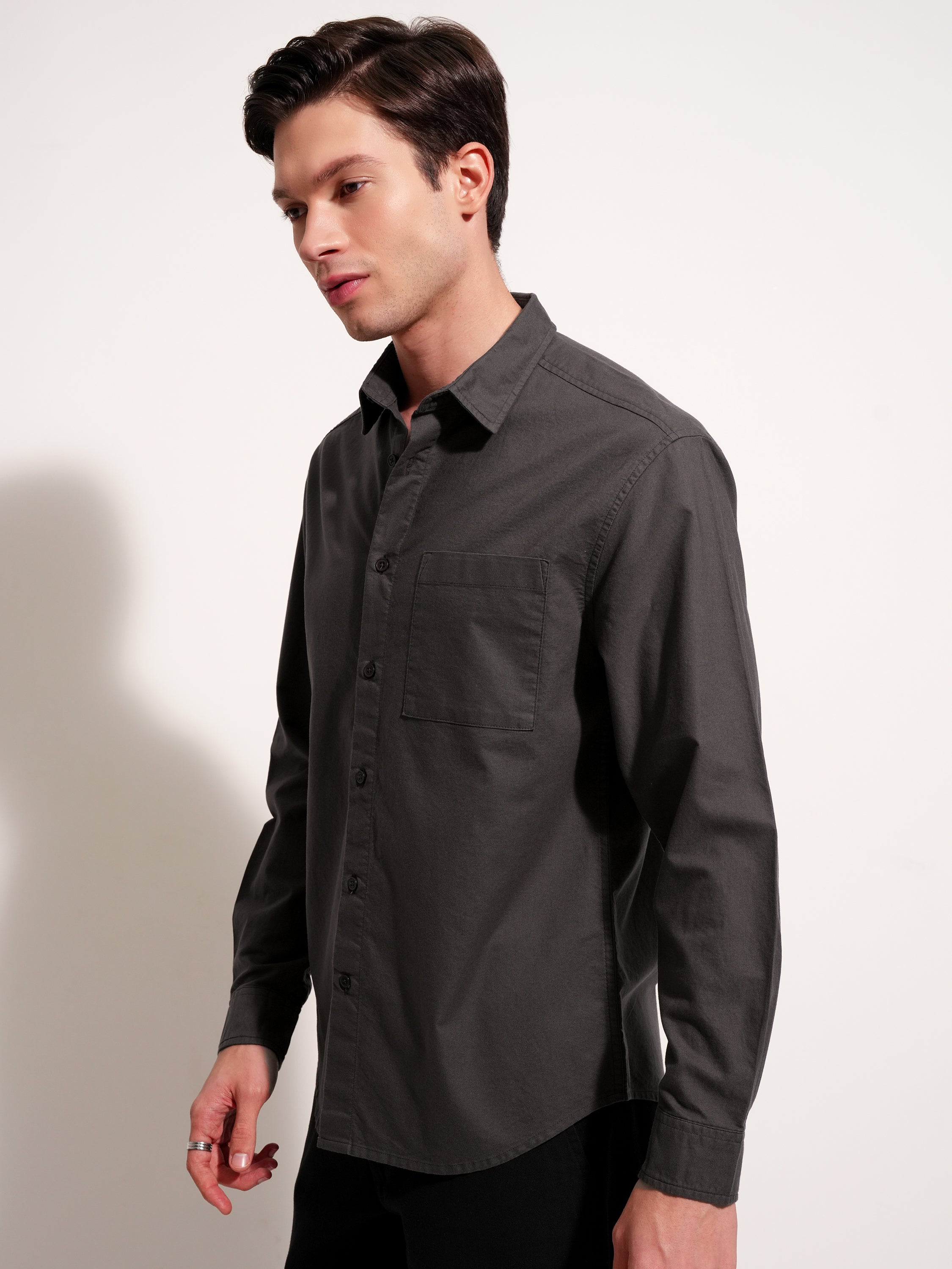 Highlander Men Charcoal Solid Relaxed Fit Casual Shirt - Charcoal - Image 7