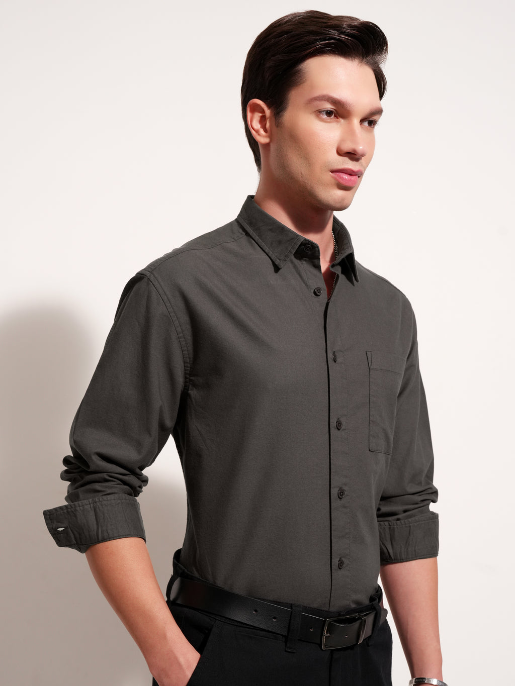 Highlander Men Charcoal Solid Relaxed Fit Casual Shirt - Charcoal - Image 12