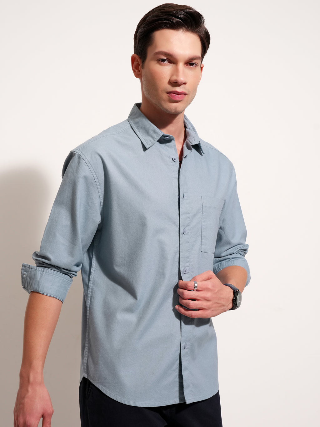 Highlander Men Blue Solid Relaxed Fit Casual Shirt - Blue - Image 6