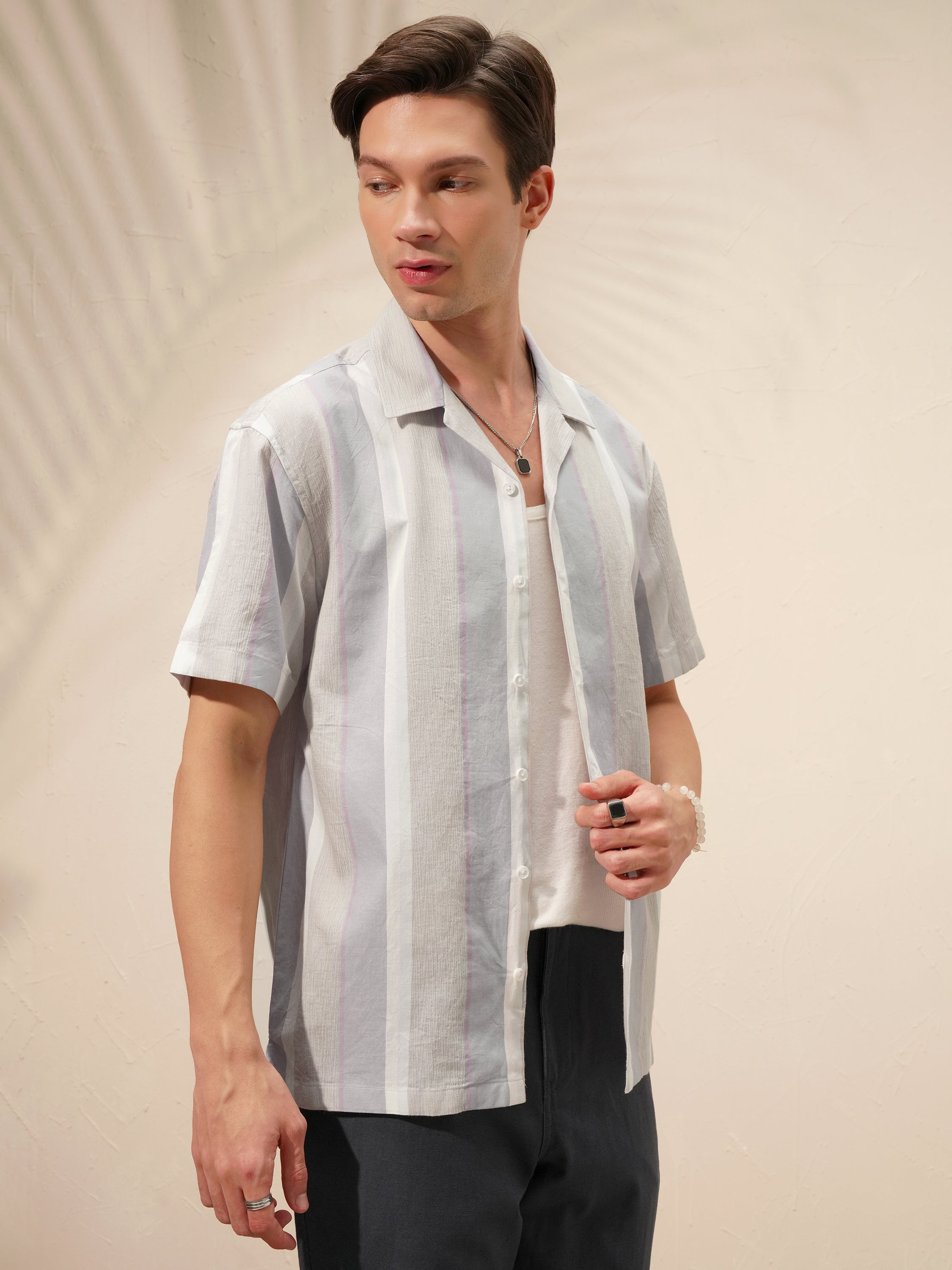 Highlander Men Grey Striped Relaxed Fit Casual Shirt - Grey - Image 6