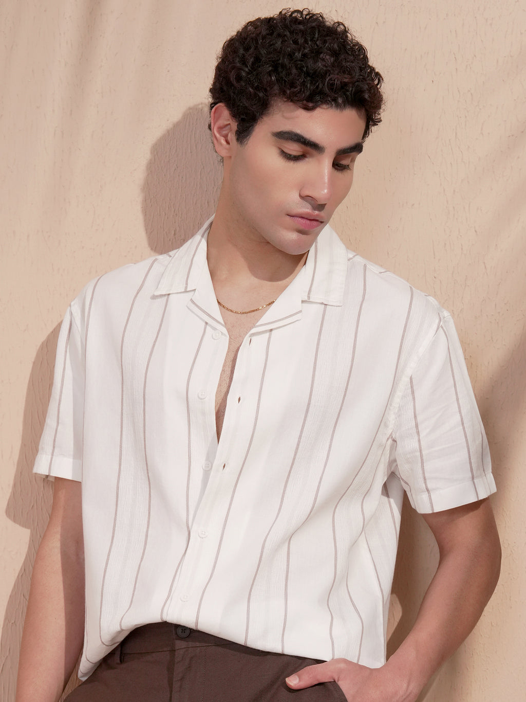 Highlander Men Cream Striped Relaxed Fit Casual Shirt - Cream - Image 1