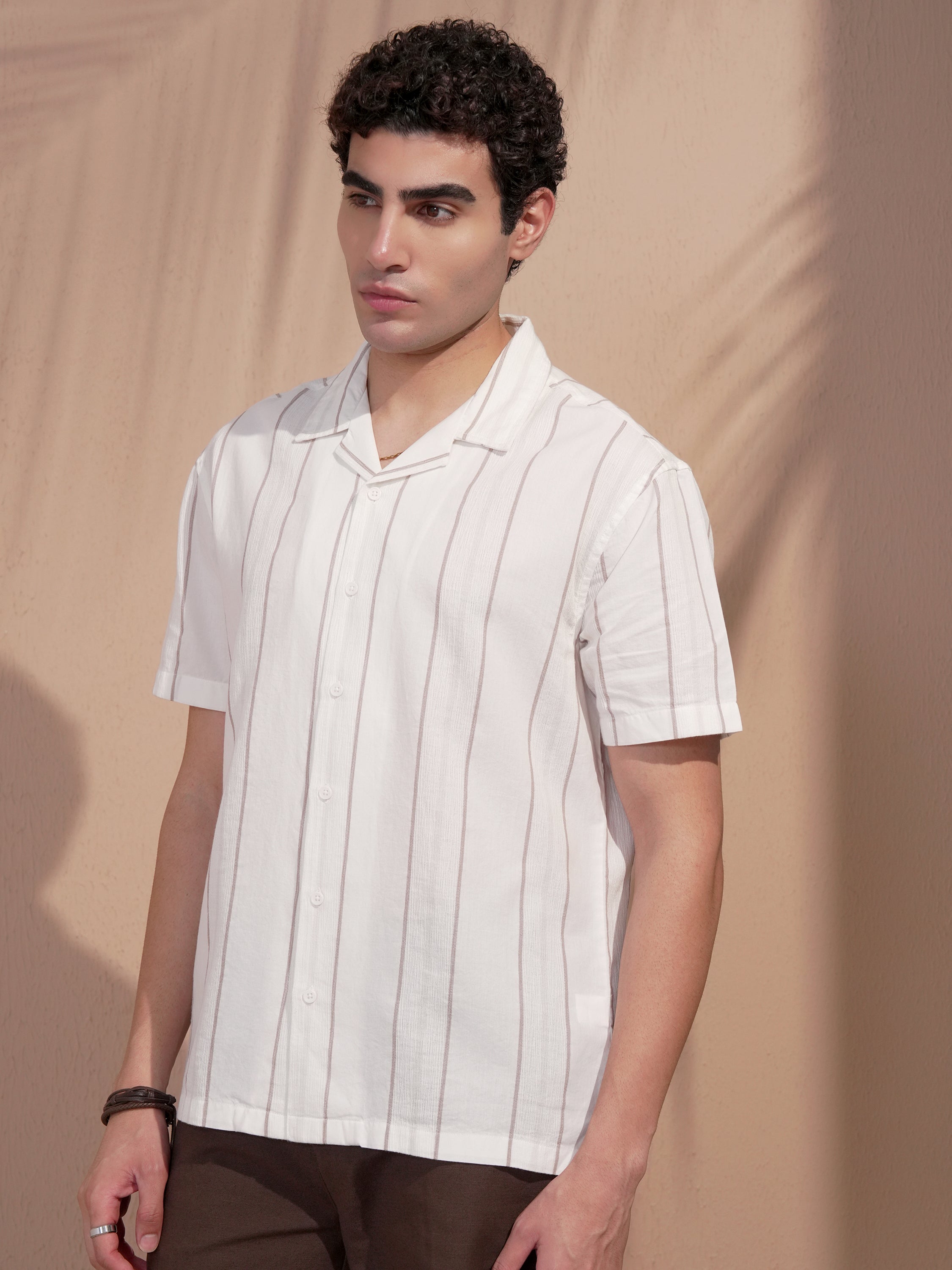 Highlander Men Cream Striped Relaxed Fit Casual Shirt - Cream - Image 4