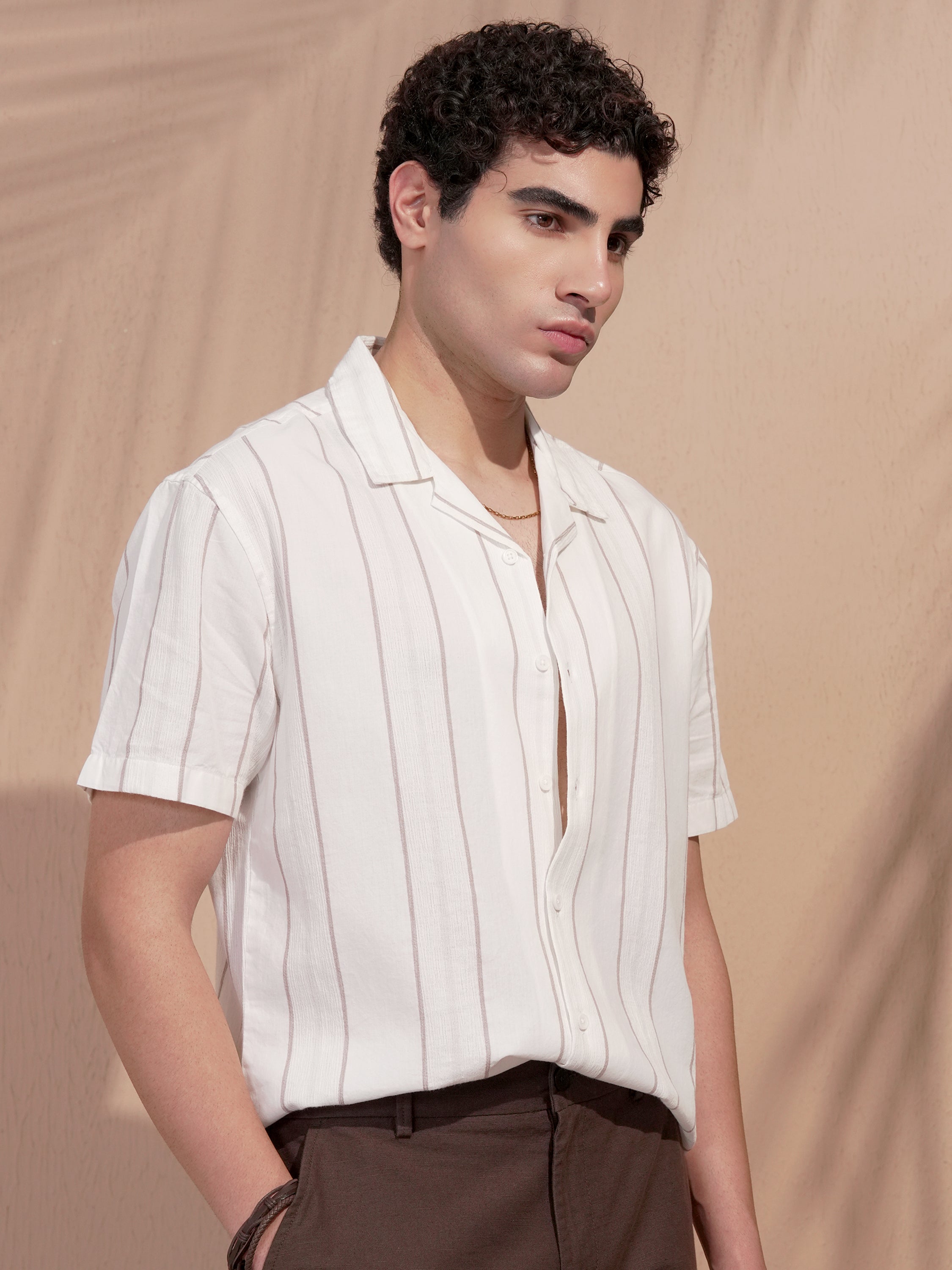 Highlander Men Cream Striped Relaxed Fit Casual Shirt - Cream - Image 6