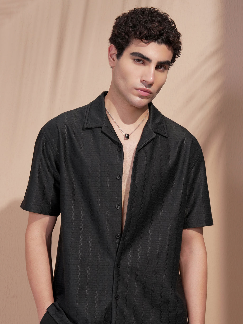 Highlander Men Black Self Design Relaxed Fit Casual Shirt - Black - Image 1
