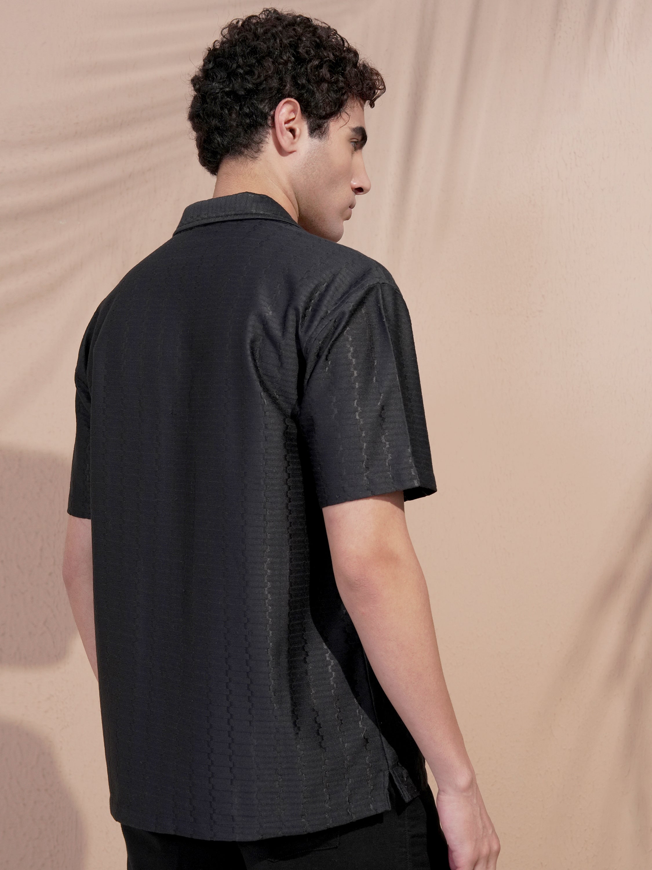 Highlander Men Black Self Design Relaxed Fit Casual Shirt - Black - Image 3