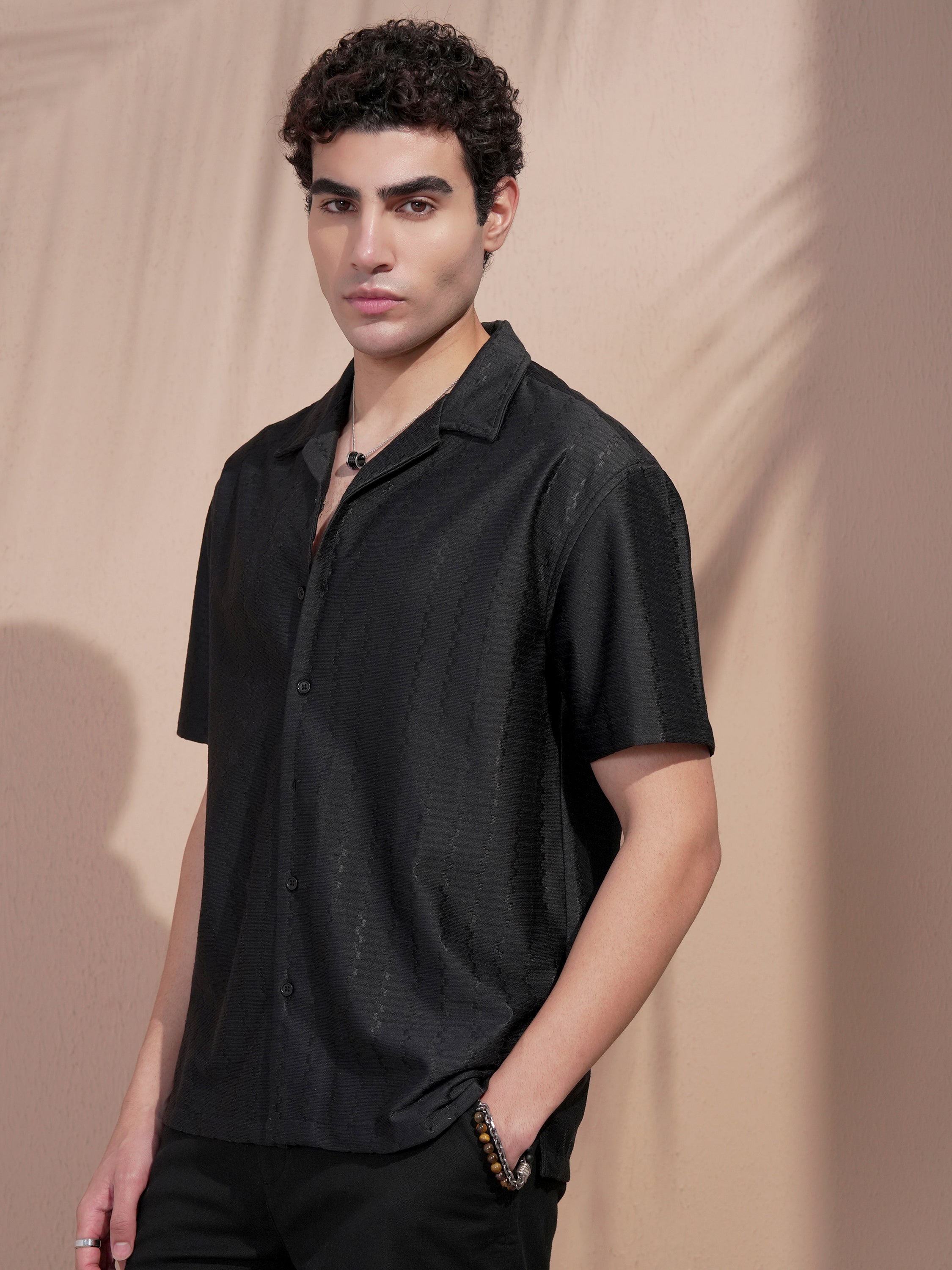 Highlander Men Black Self Design Relaxed Fit Casual Shirt - Black - Image 4