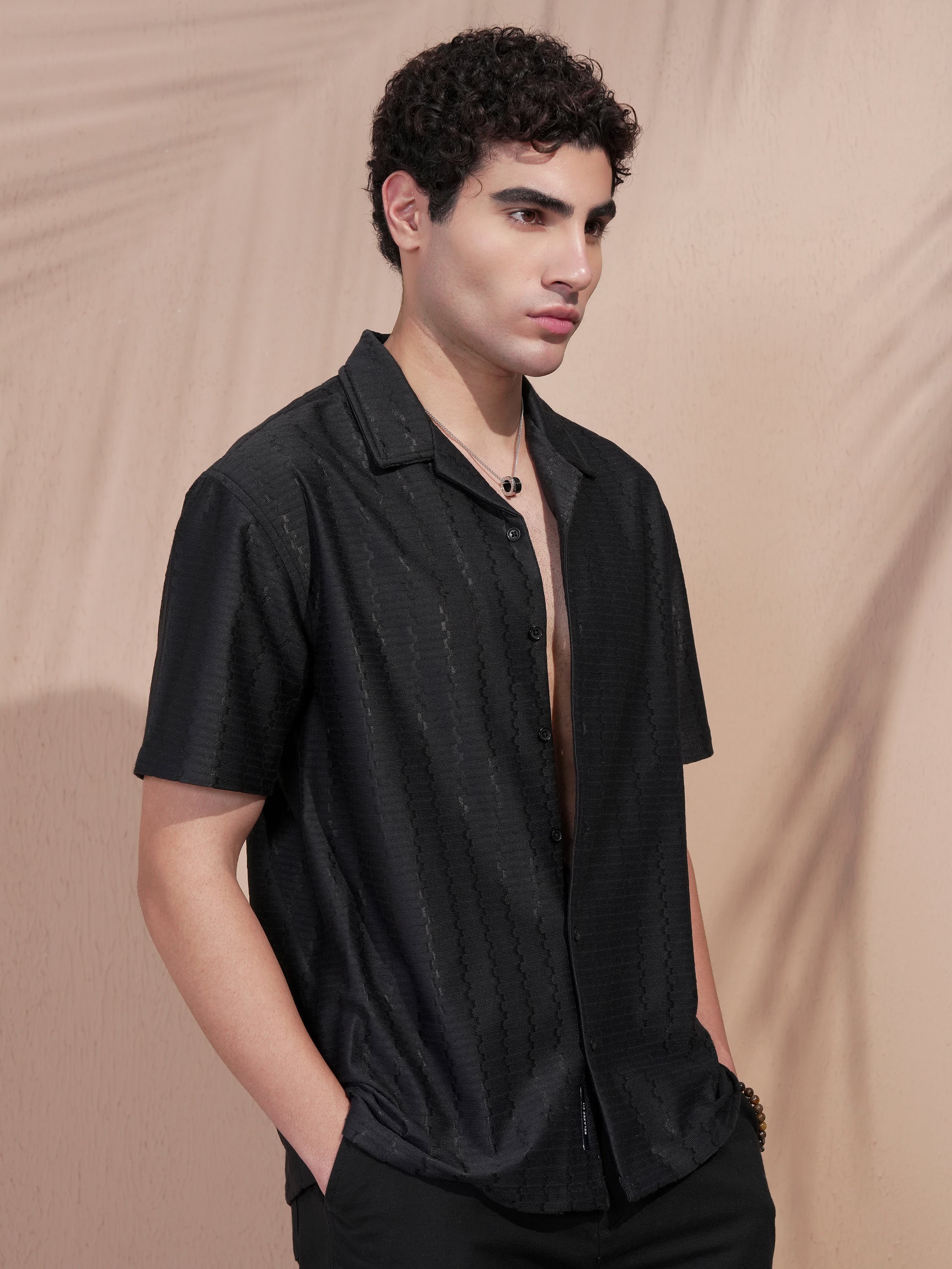 Highlander Men Black Self Design Relaxed Fit Casual Shirt - Black - Image 6