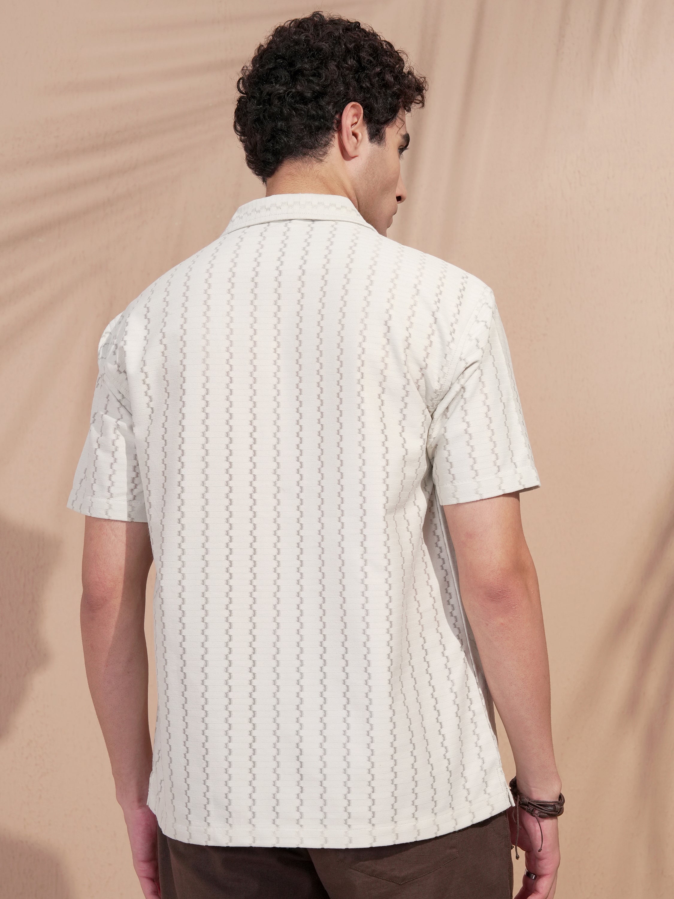 Highlander Men Cream Self Design Relaxed Fit Casual Shirt - Cream - Image 3