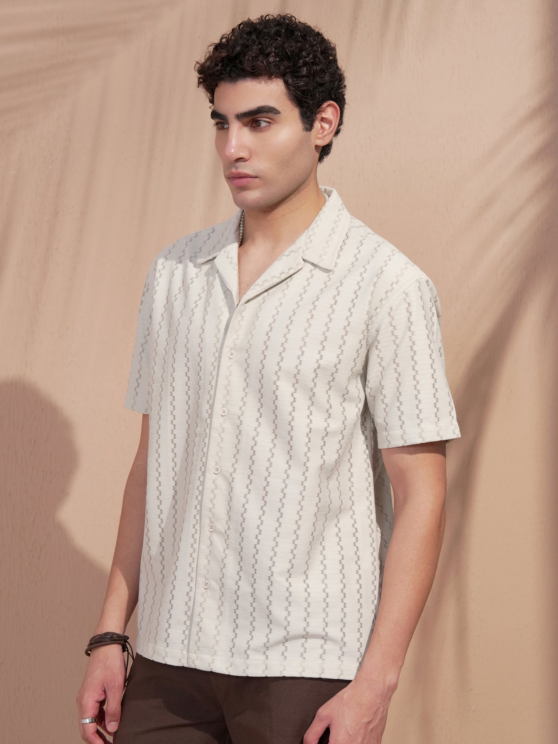 Highlander Men Cream Self Design Relaxed Fit Casual Shirt - Cream - Image 4