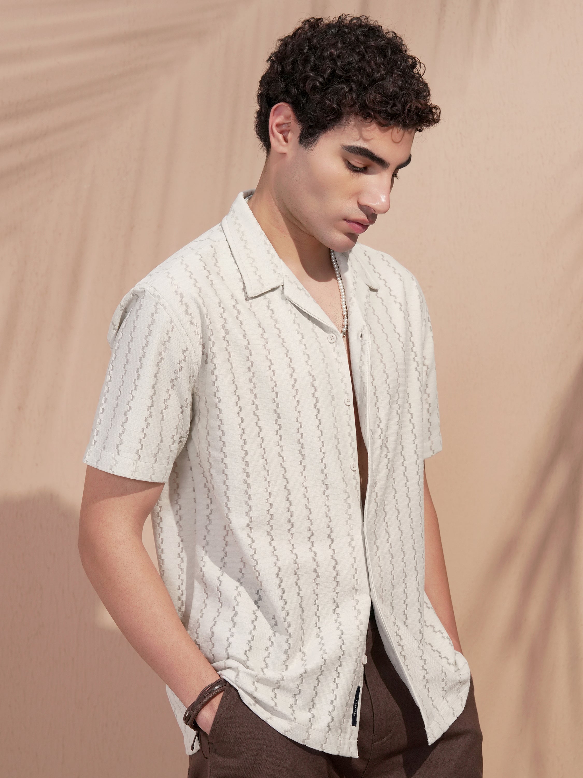 Highlander Men Cream Self Design Relaxed Fit Casual Shirt - Cream - Image 6