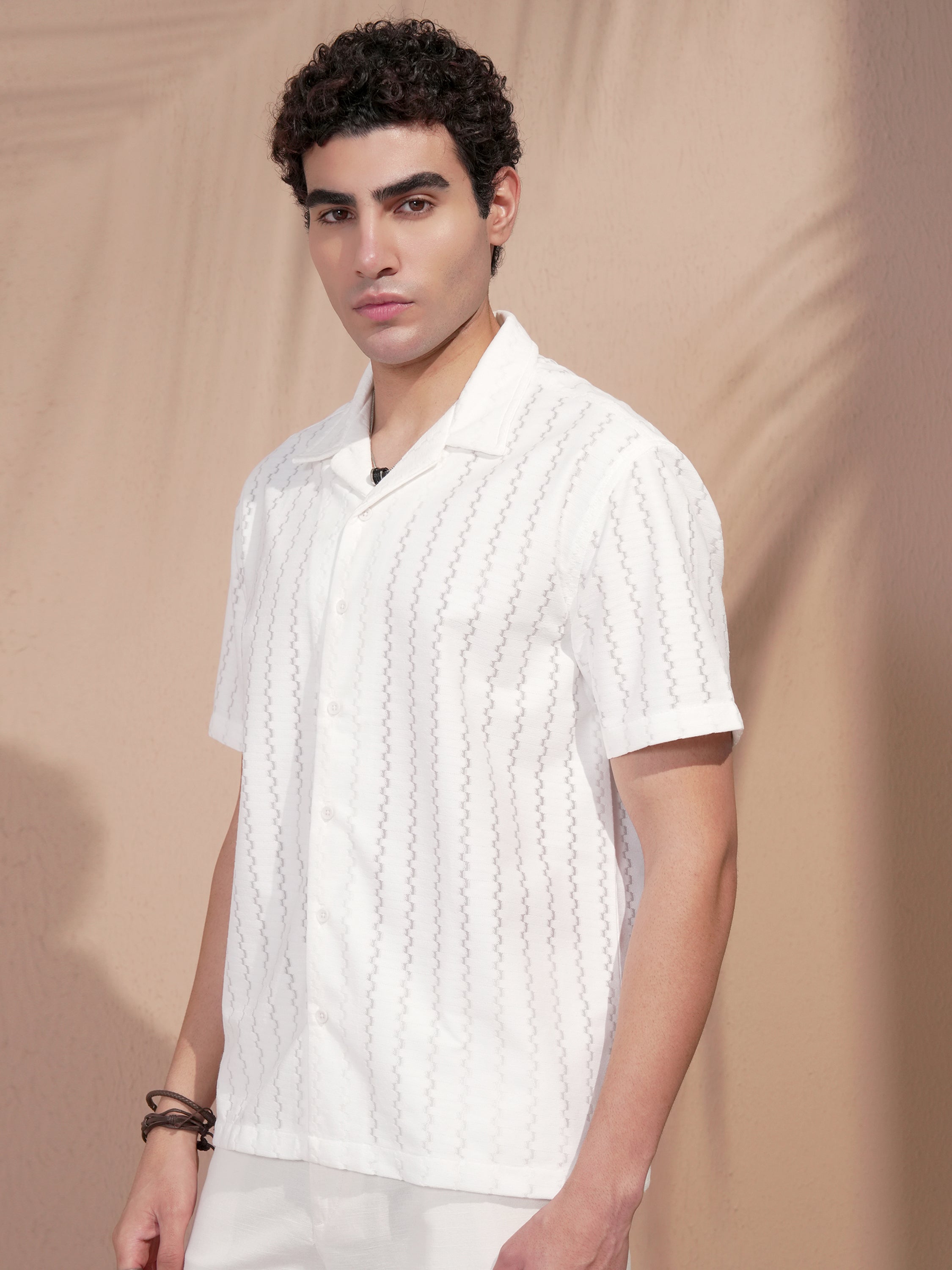 Highlander Men White Self Design Relaxed Fit Casual Shirt - White - Image 4