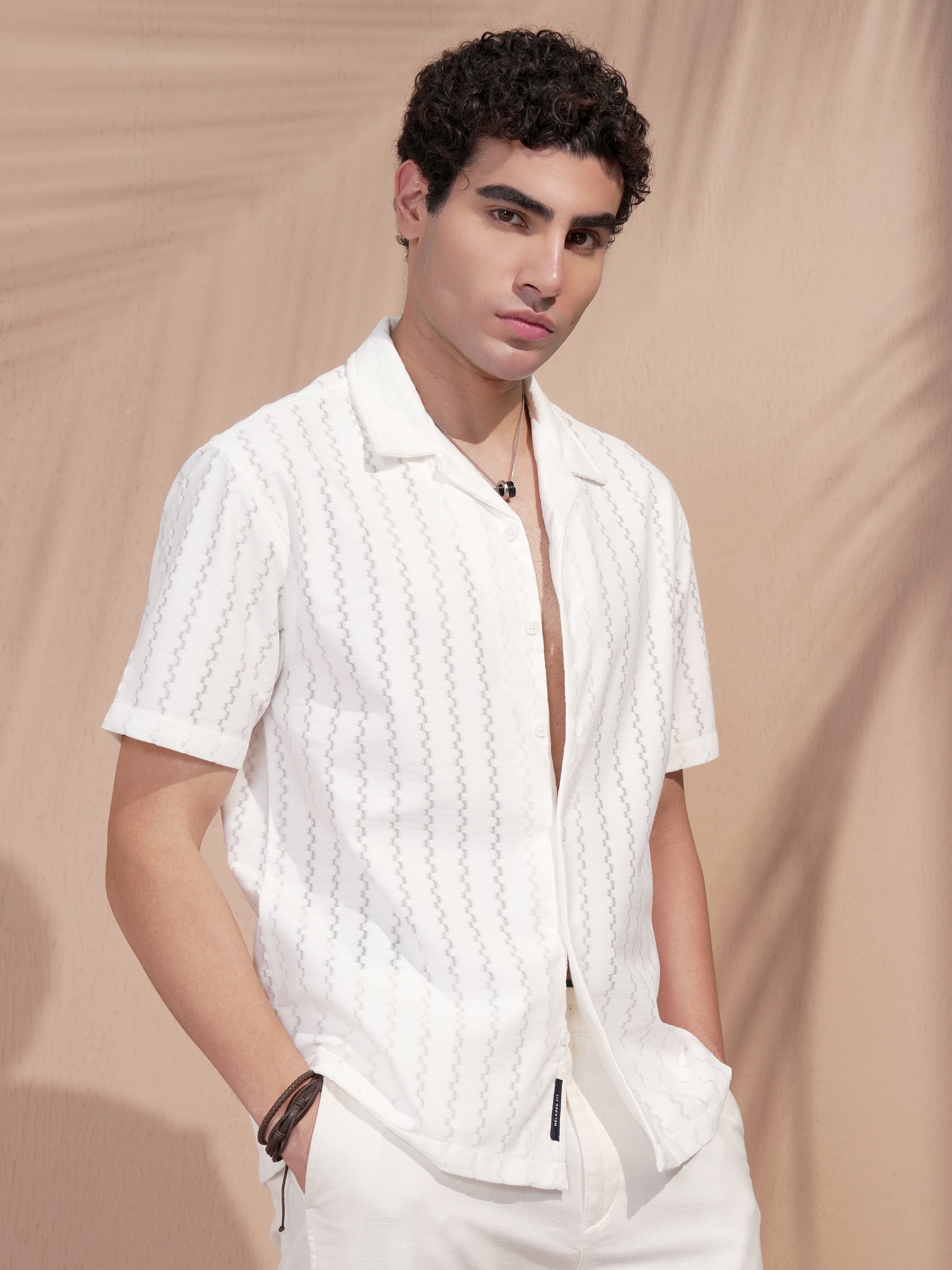 Highlander Men White Self Design Relaxed Fit Casual Shirt - White - Image 6
